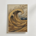 Desert Wave Poster – inramad i björk och vit passepartout, detalj av guldgula sanddyner i Hokusai-stil