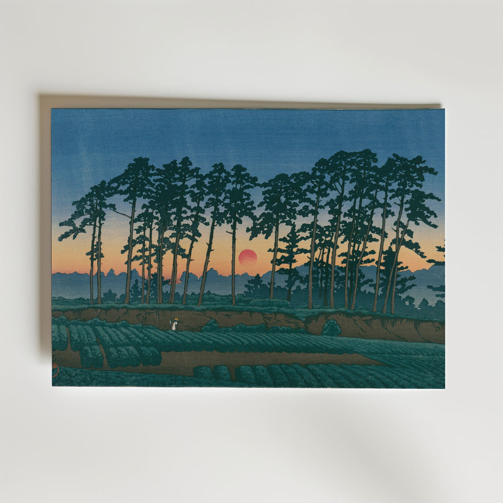 Hasui Kawase Setting Sun at Ichinokura Ikegami 1928 Poster – utan passepartout