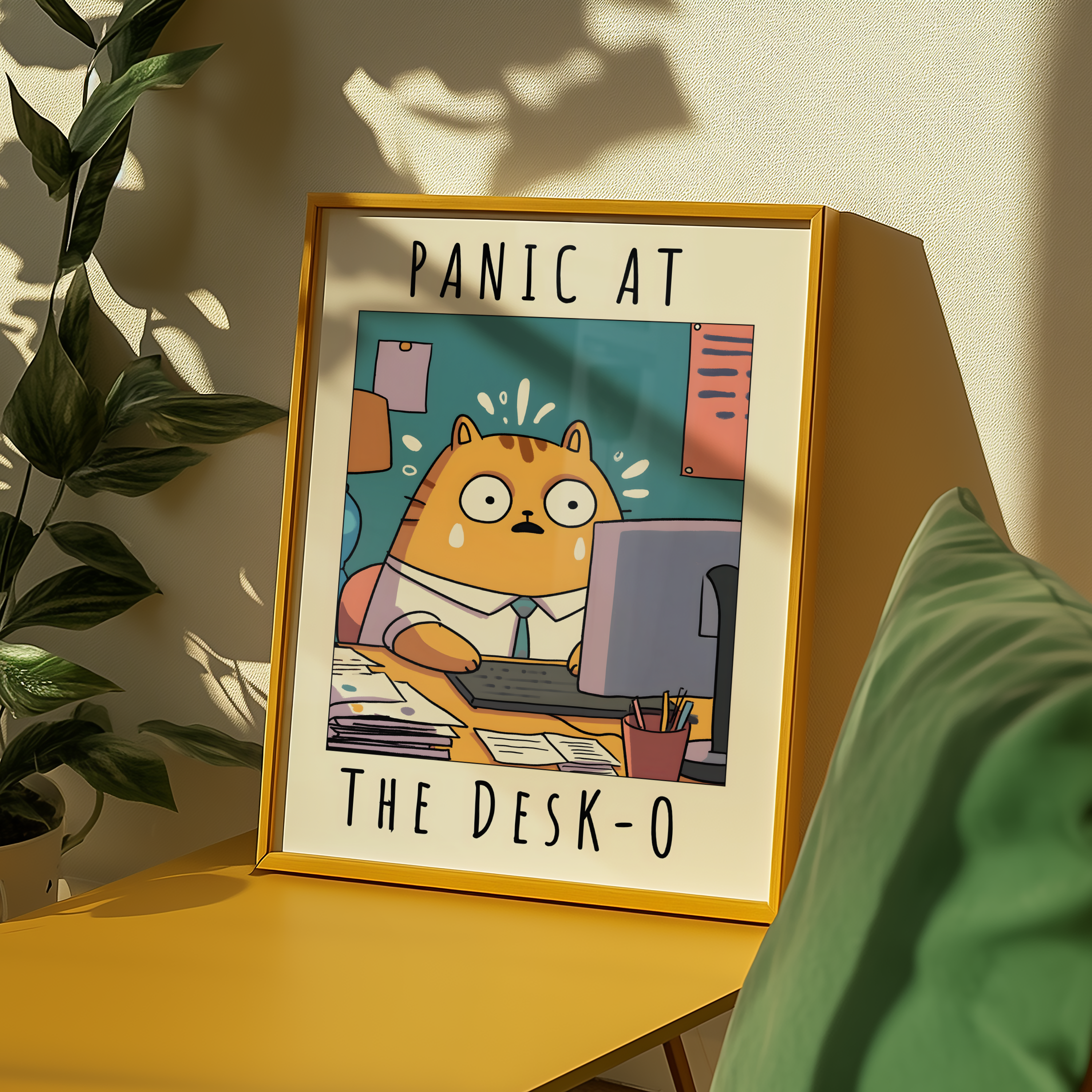Väggmockup av Corporate Panic Cat affisch på ljus vägg – Bozetto konsttryck – nr 3