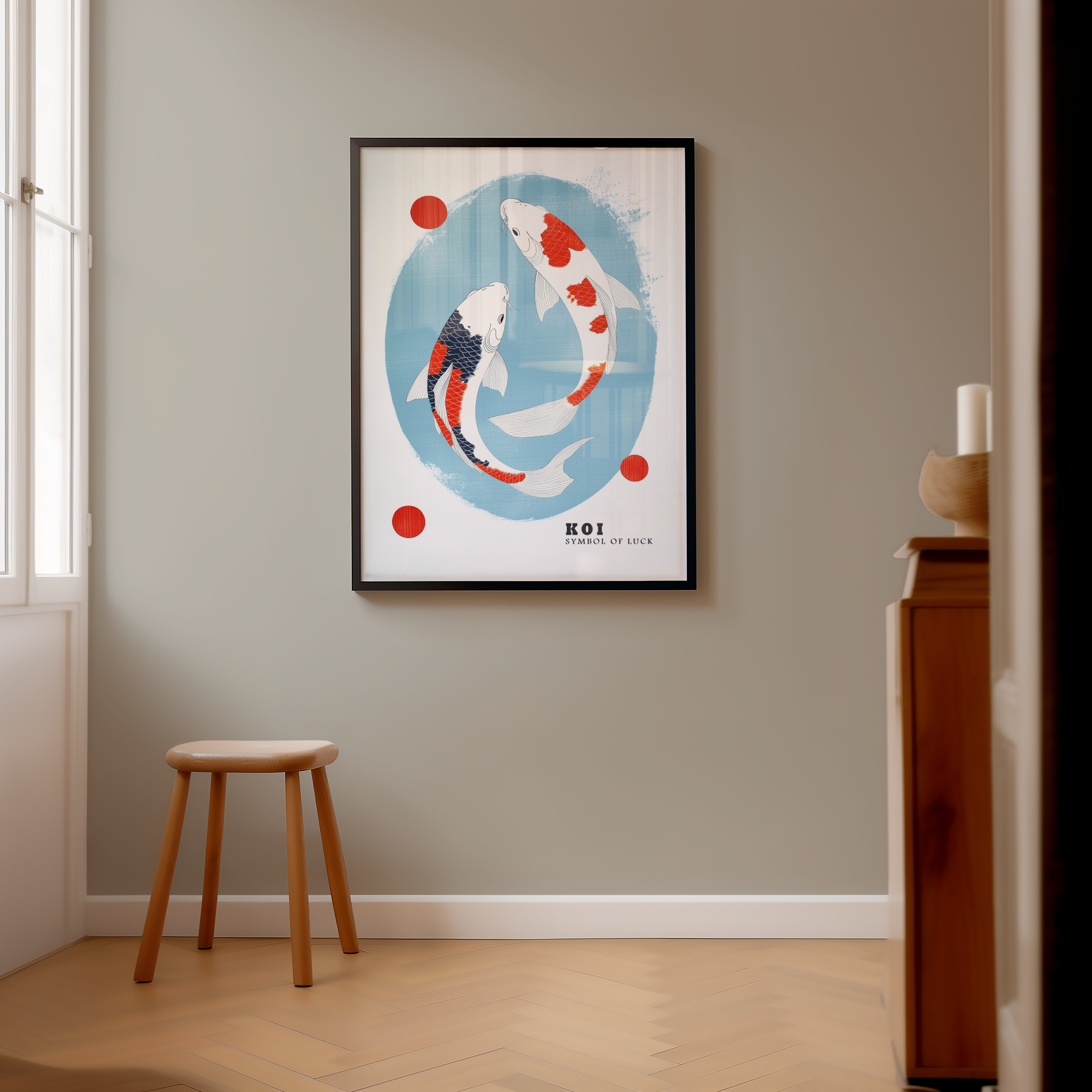 Väggmockup av Yin Yang Koi affisch på ljus tegelvägg – Bozetto konsttryck i hög tryckkvalitet