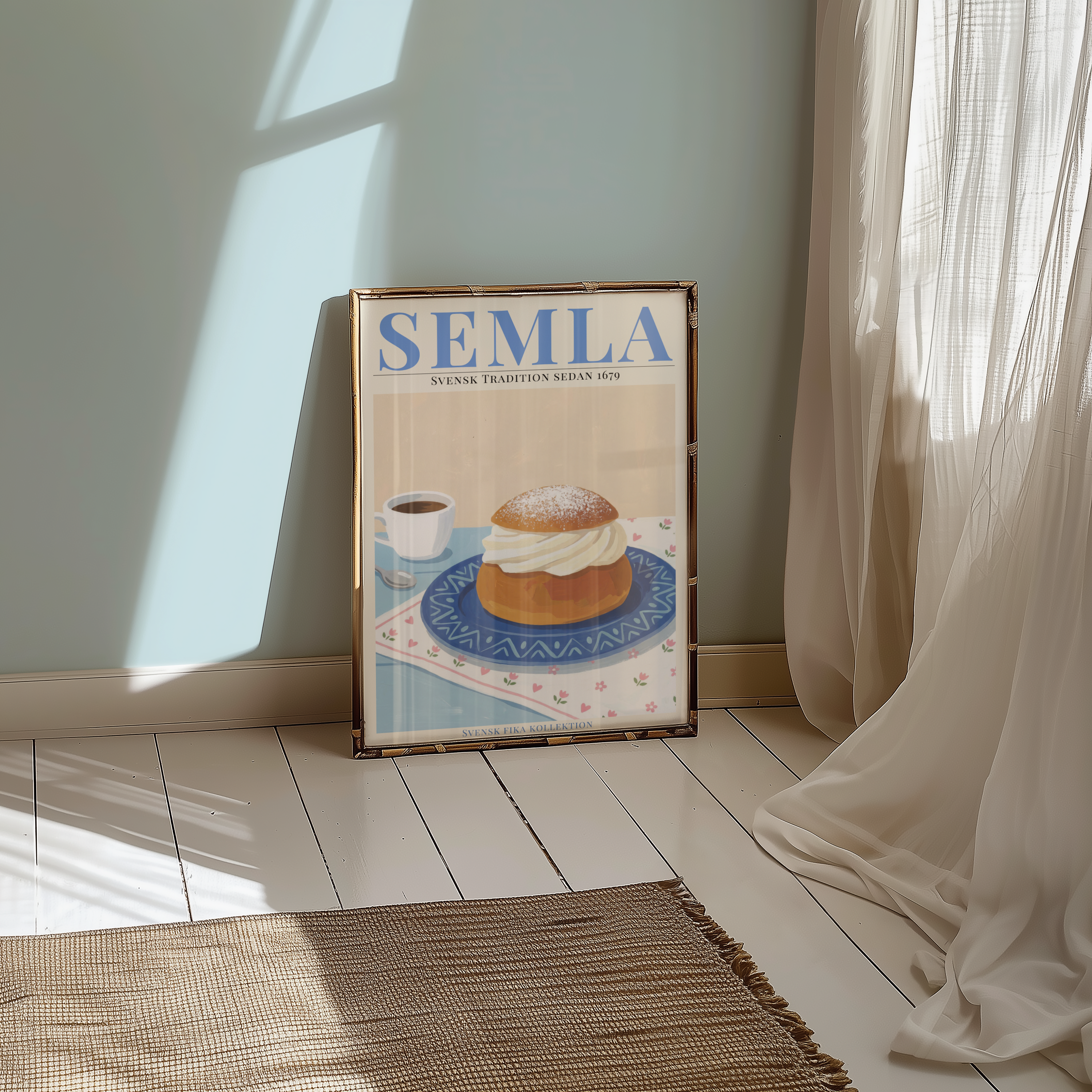 Väggmockup av Semla affisch på ljus tegelvägg – Bozetto konsttryck i hög tryckkvalitet