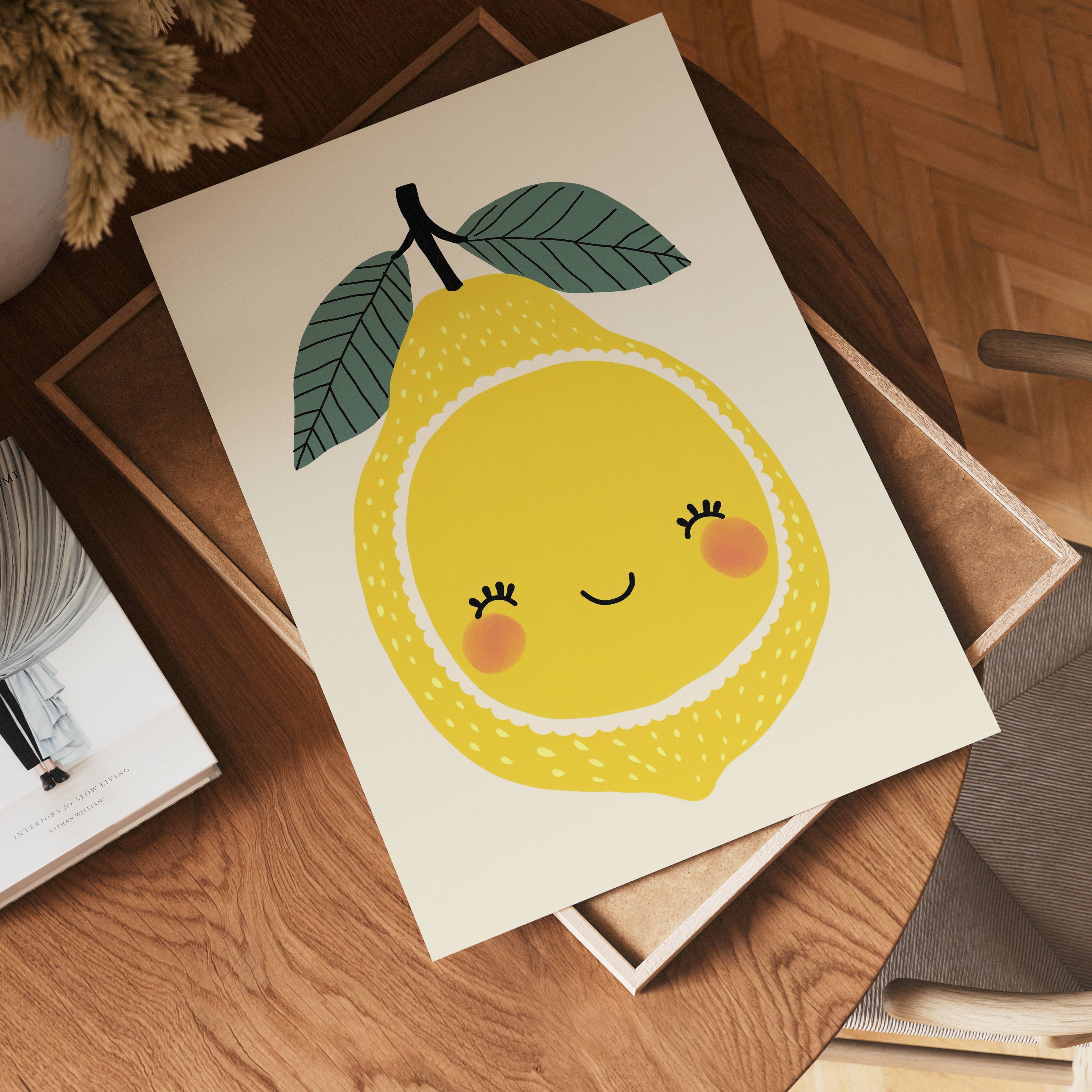 Smiling Lemon konsttryck på vit bakgrund – elegant Bozetto affisch för hemmet i hög tryckkvalitet
