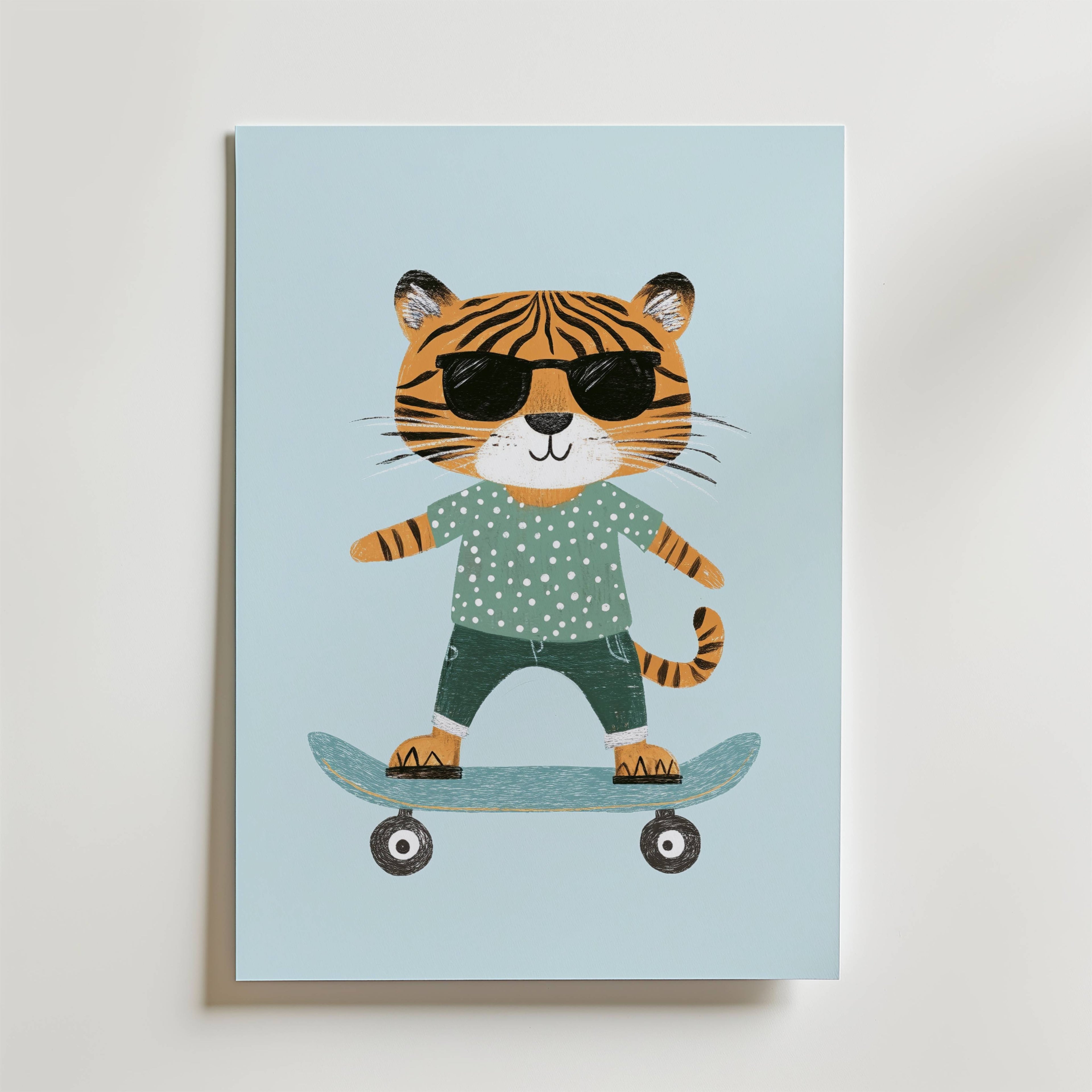 Cool Tiger on Skateboard – stilfullt konsttryck från Bozetto, tryckt på matt finpapper