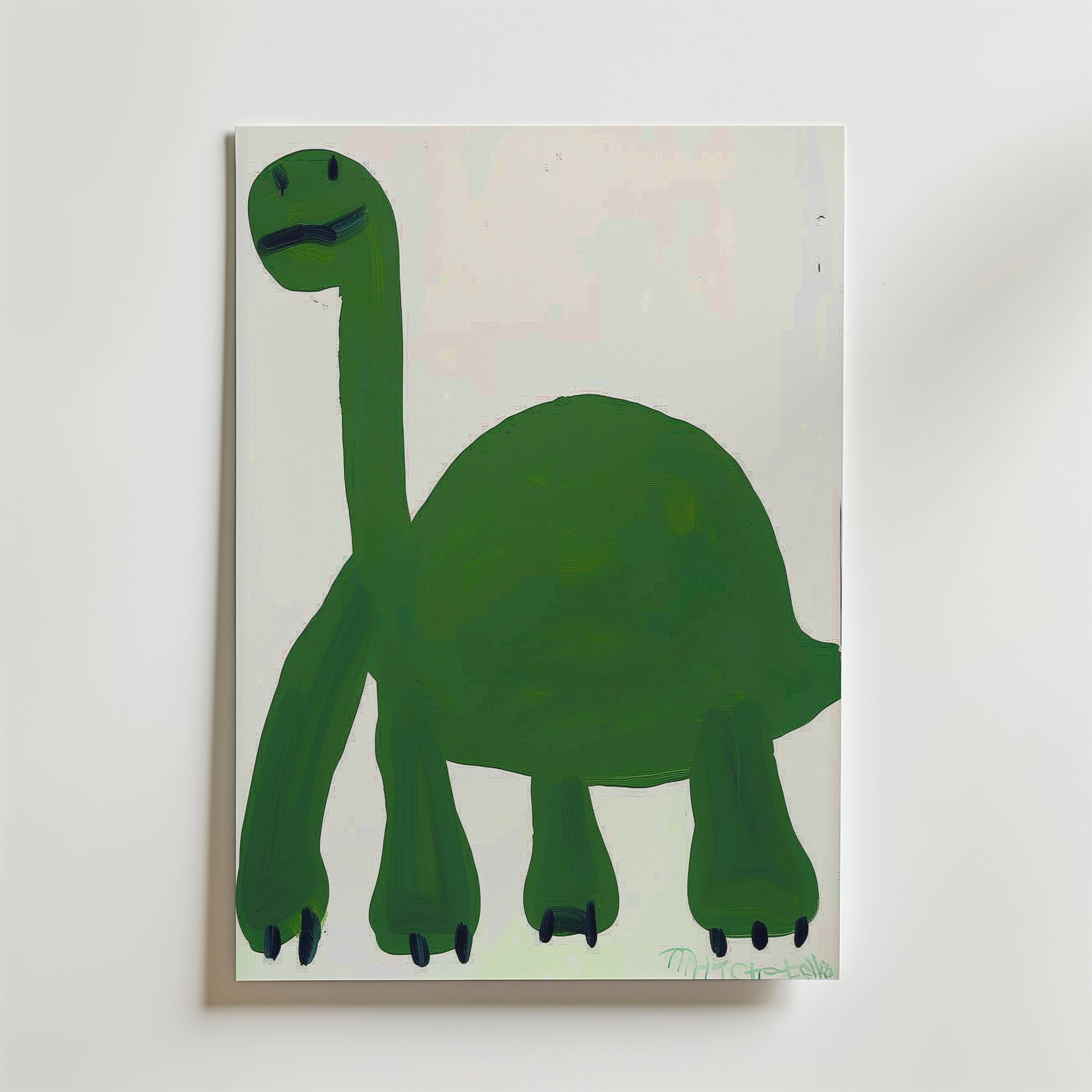 Happy Green Dino – stilfullt konsttryck från Bozetto, tryckt på matt finpapper i hög tryckkvalitet