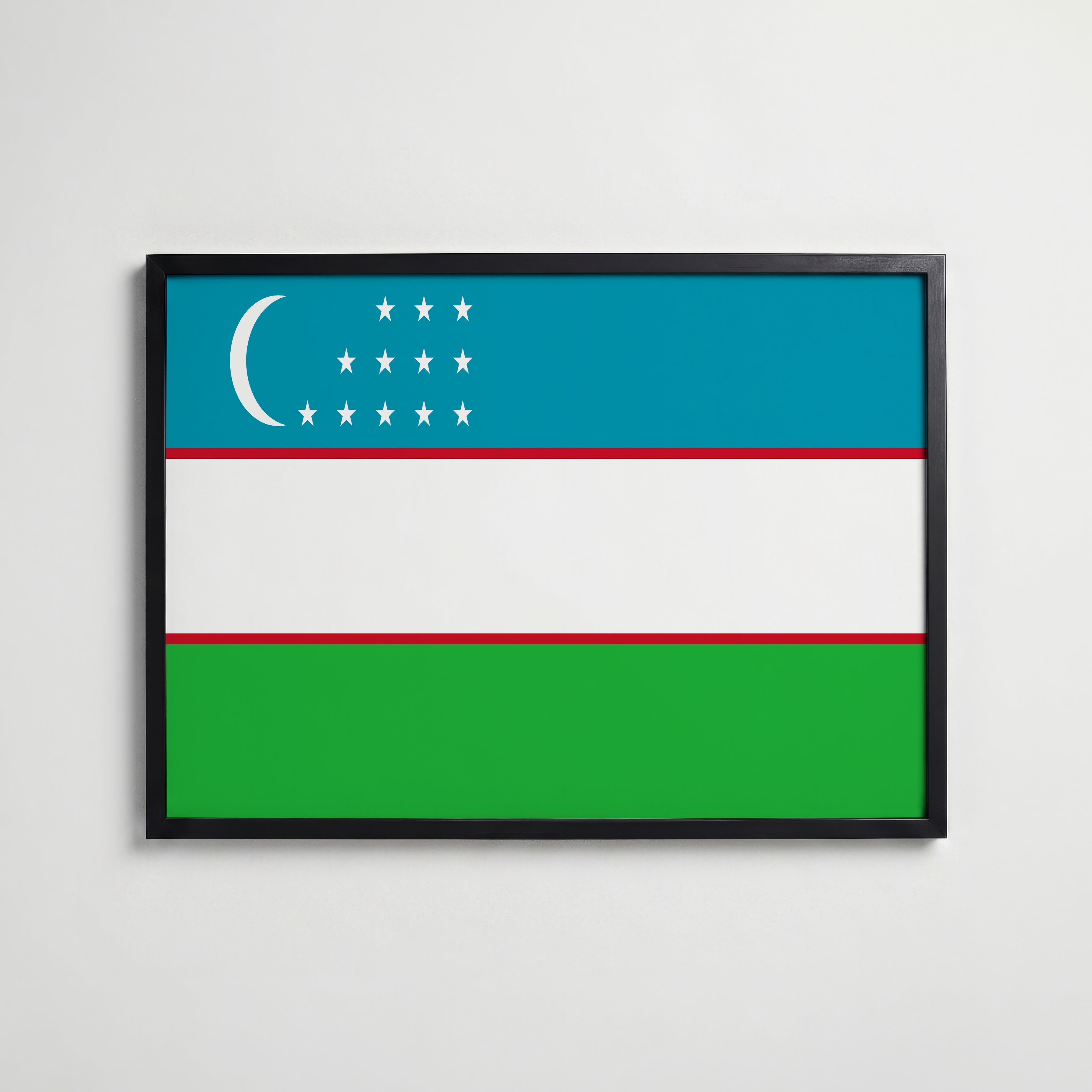 Uzbekistan National Flag Poster i svart ram – stilren konsttryck som väggdekor från Bozetto