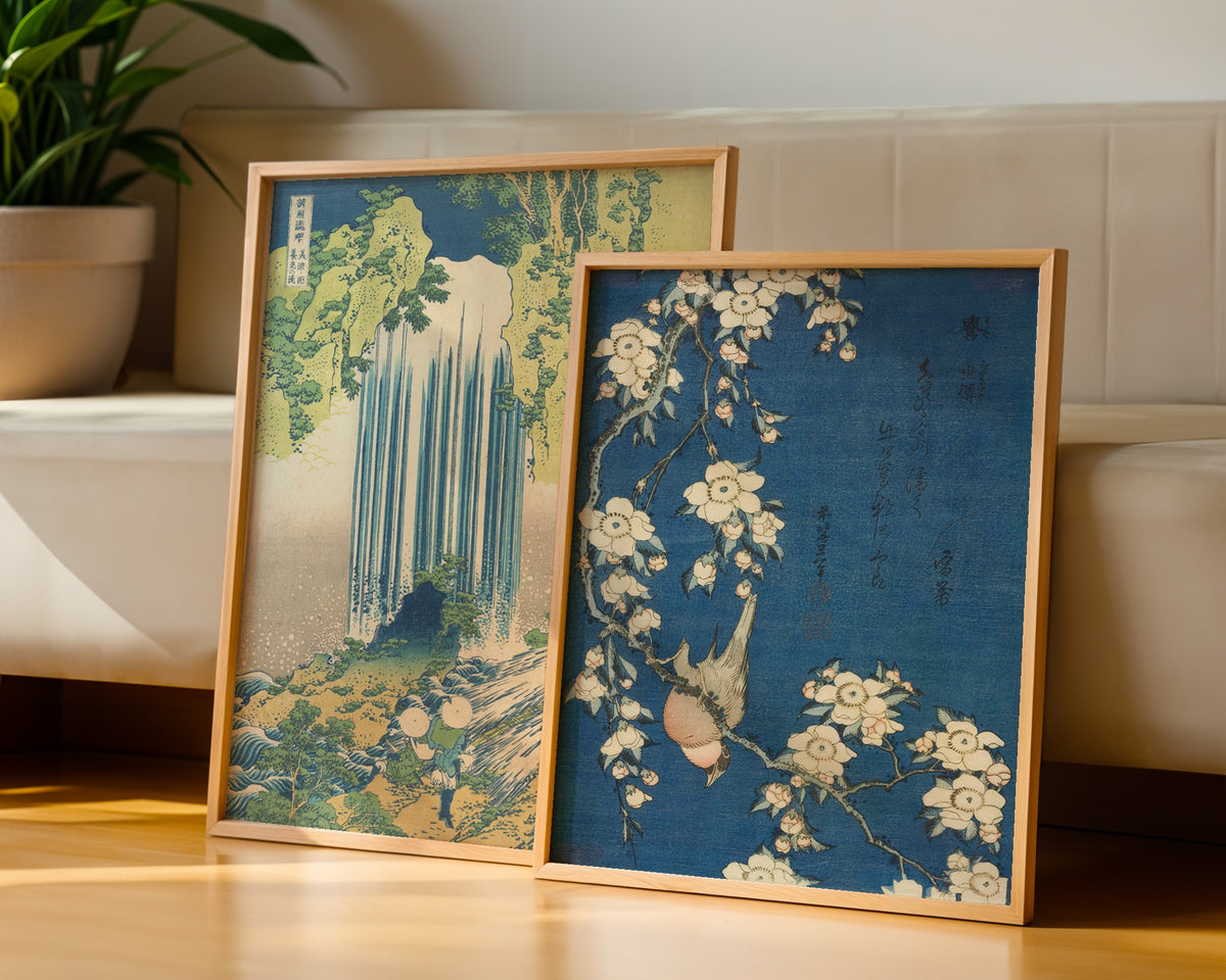 Katsushika Hokusai Bullfinch and Weeping Cherry 1834 Poster – två posters i rum 3
