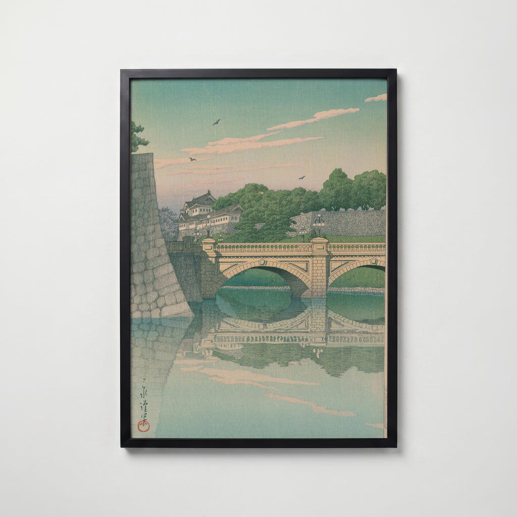 Hasui Kawase Morning at Nijubashi Bridge 1930 Poster – svart ram