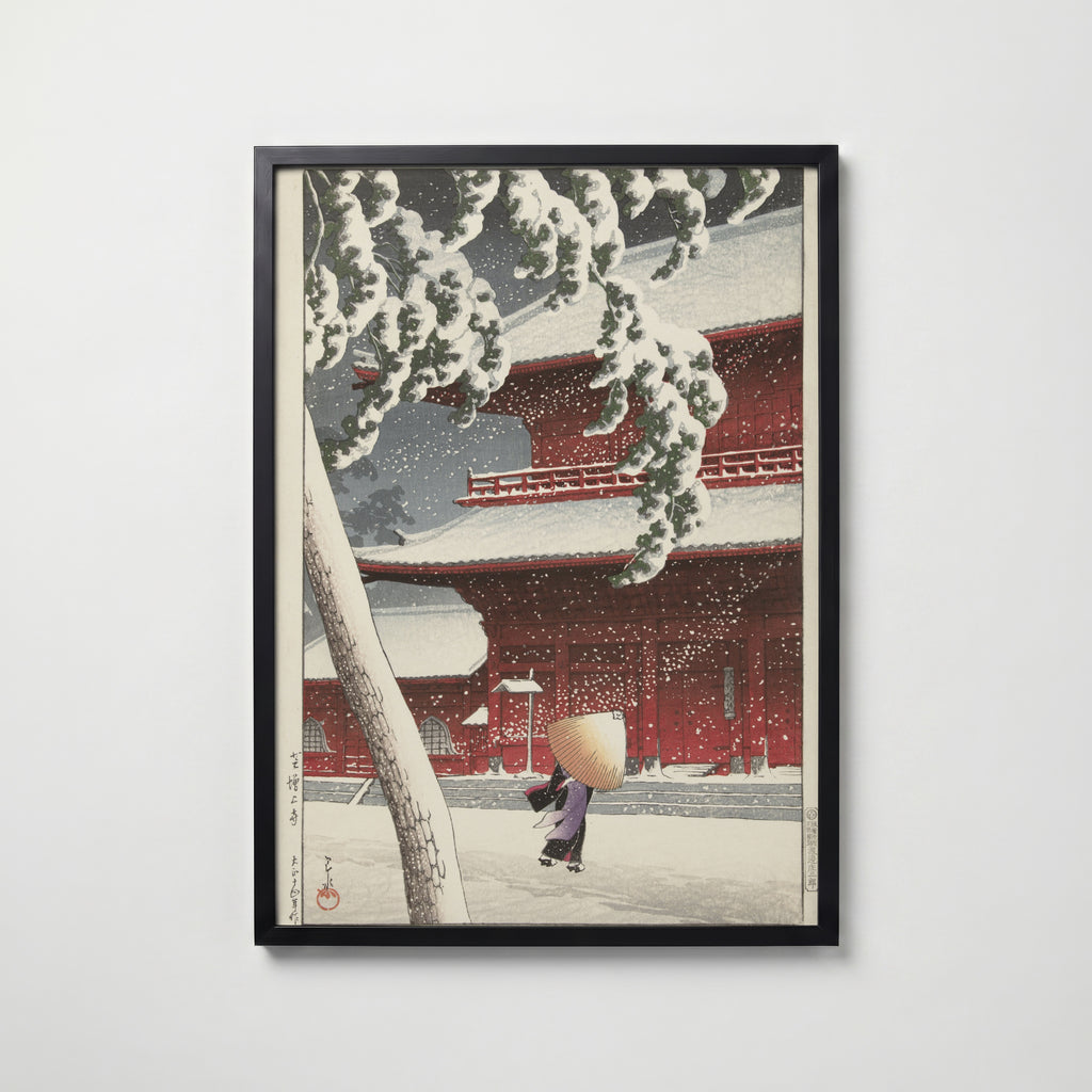 Hasui Kawase Snow at Zojo-ji Temple 1925 Poster – svart ram