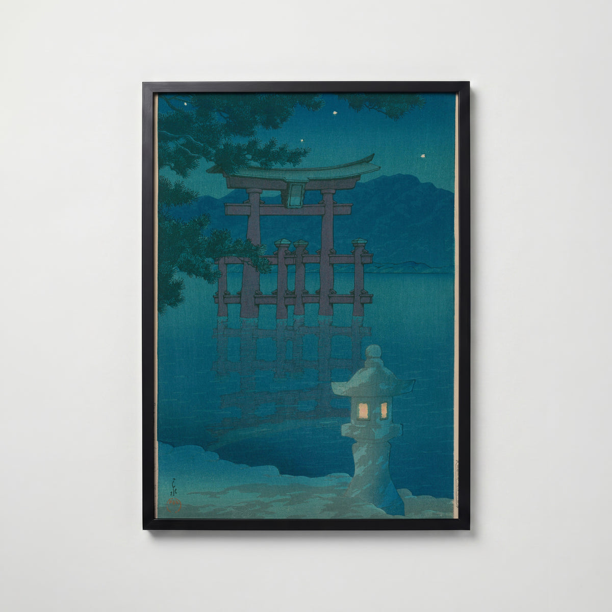 Hasui Kawase Starlit Night at Miyajima 1928 Poster – svart ram