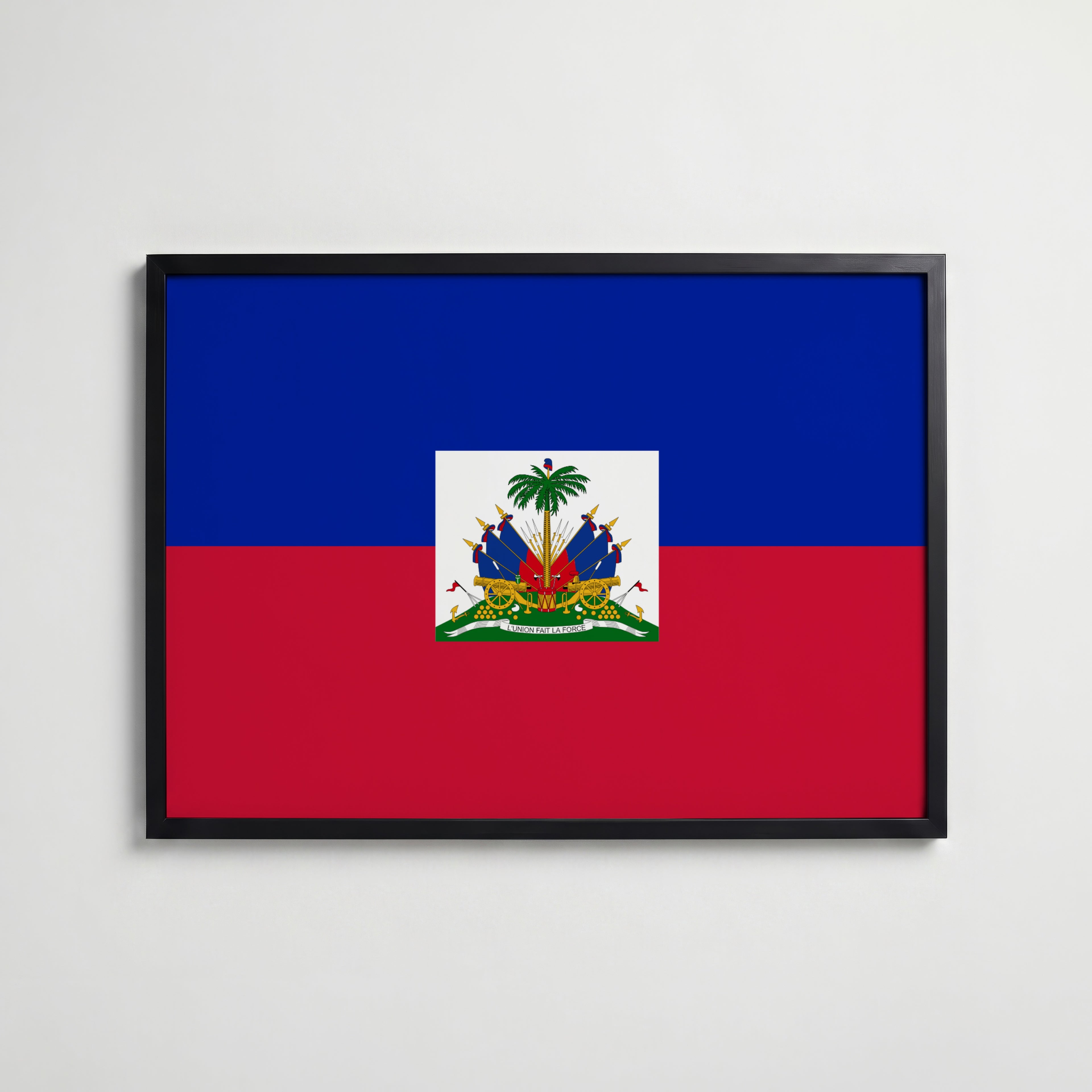 Haiti National Flag Poster i svart ram – stilren konsttryck som väggdekor från Bozetto