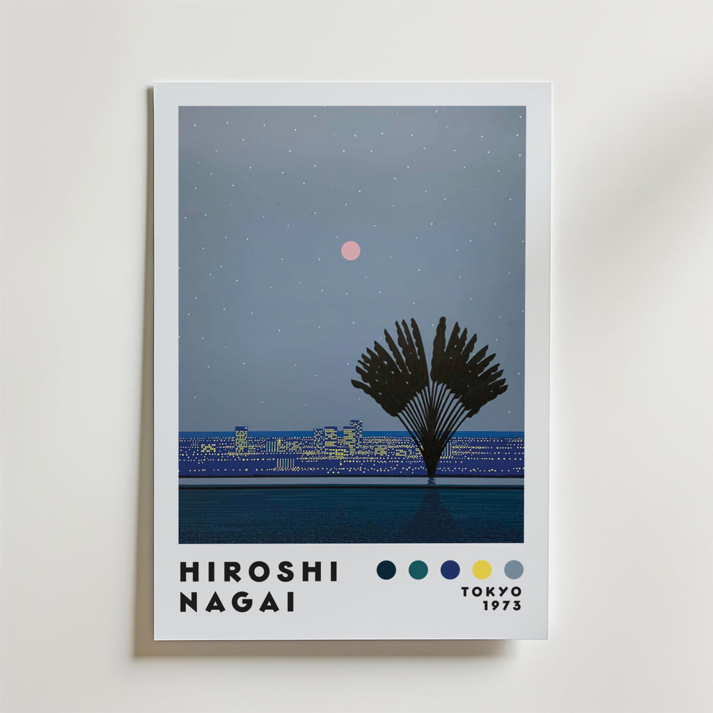 Mockup av Hiroshi Nagai Moon Over City affisch på vägg – köp enkelt hos Bozetto i hög kvalitet