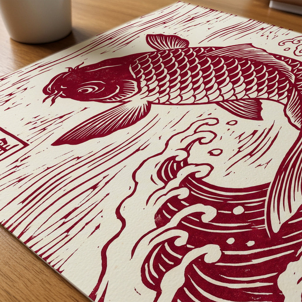 Red Koi Linocut Poster – närbild på papper