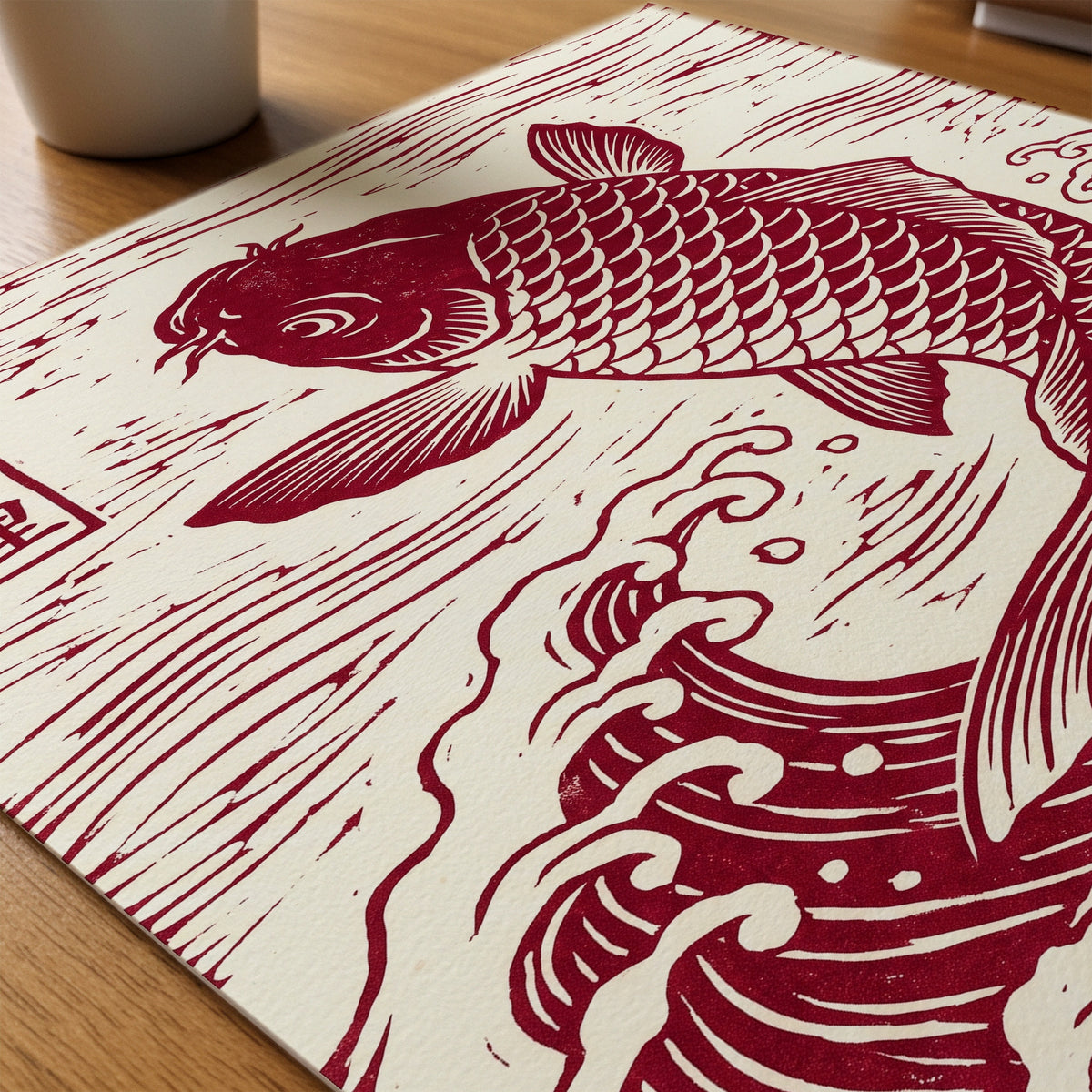 Red Koi Linocut Poster – närbild på papper
