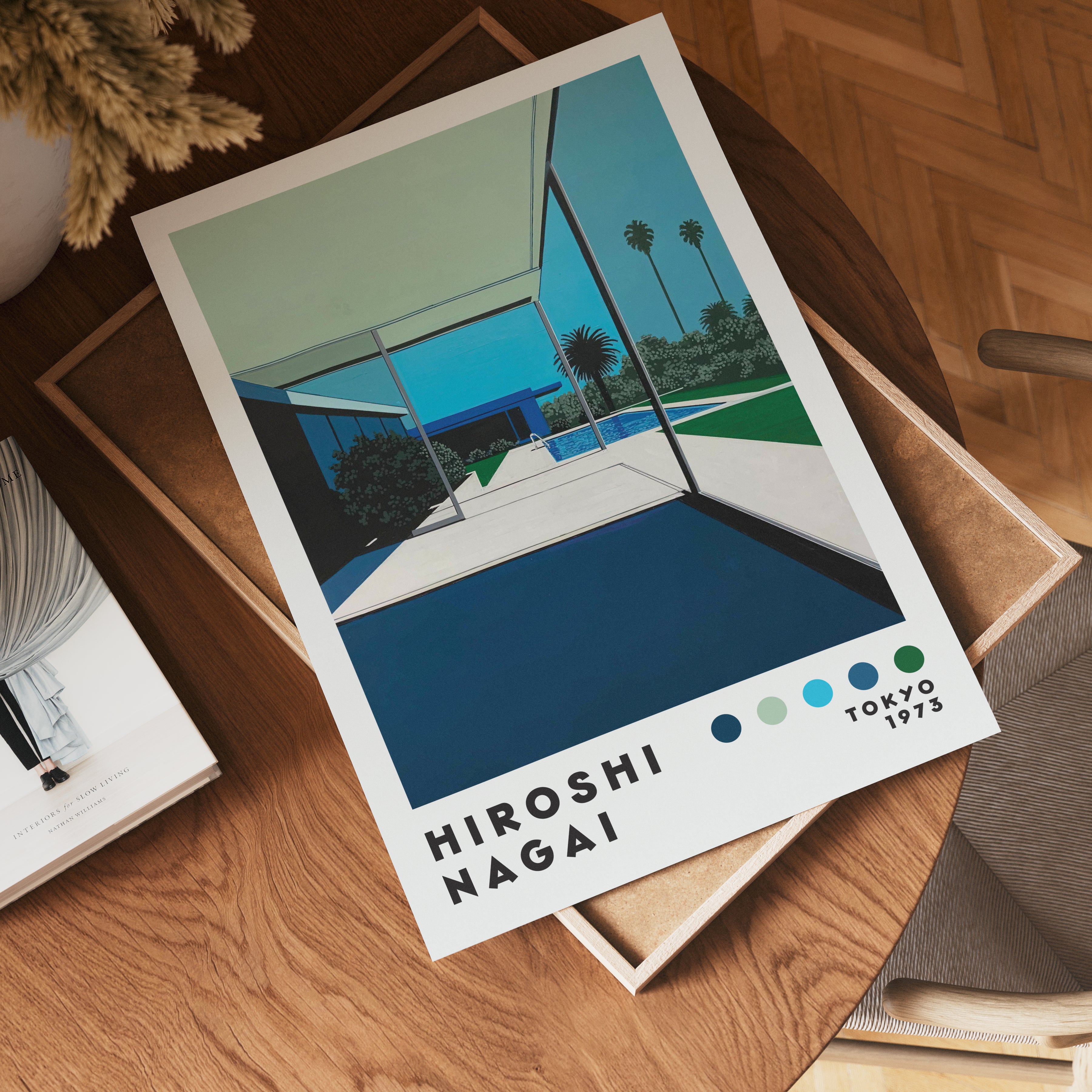 Väggmockup med Hiroshi Nagai Poolside – köp enkelt hos Bozetto affisch i hög kvalitet