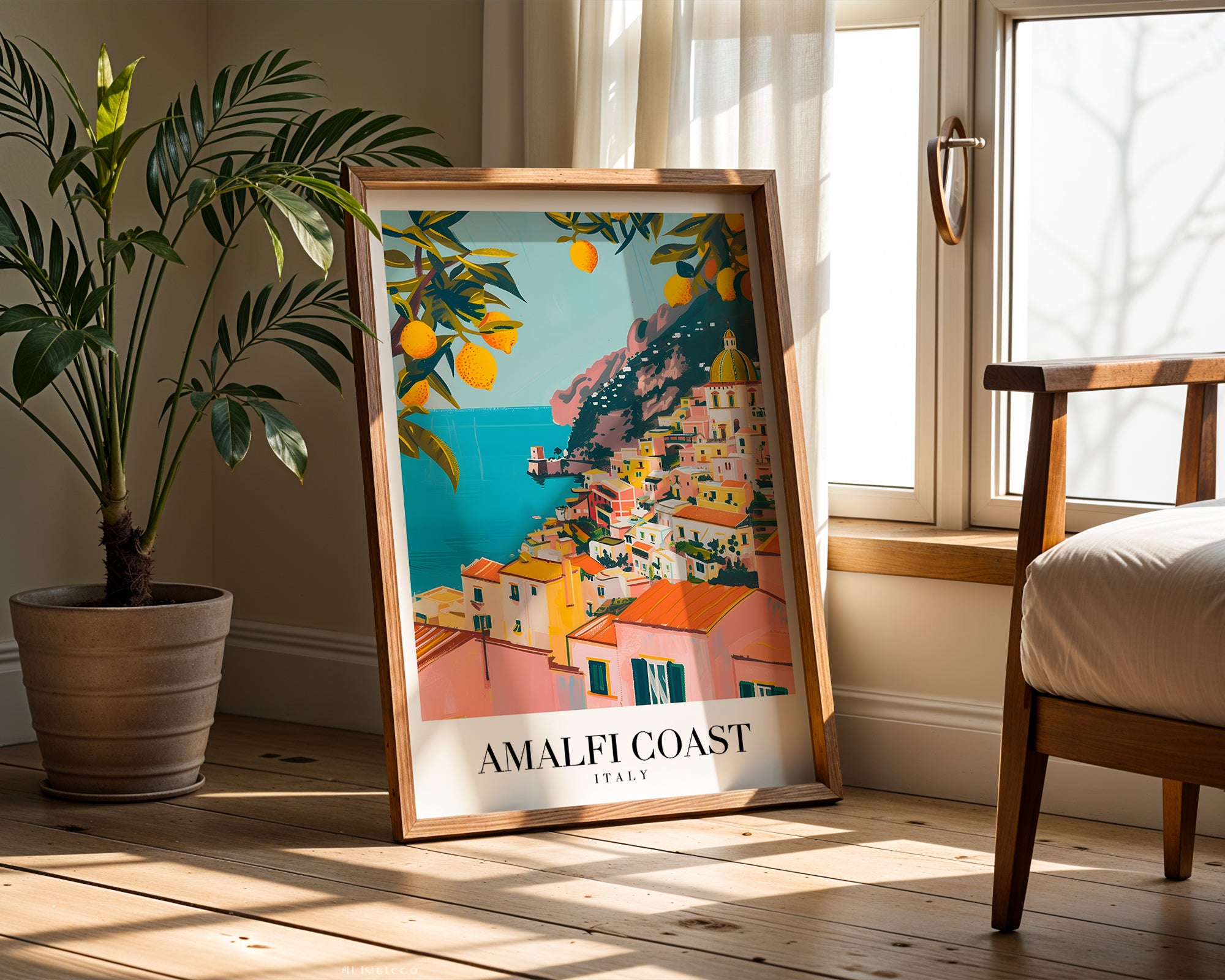 Väggmockup av Sunlit Amalfi Coast affisch på ljus vägg – Bozetto konsttryck – nr 3