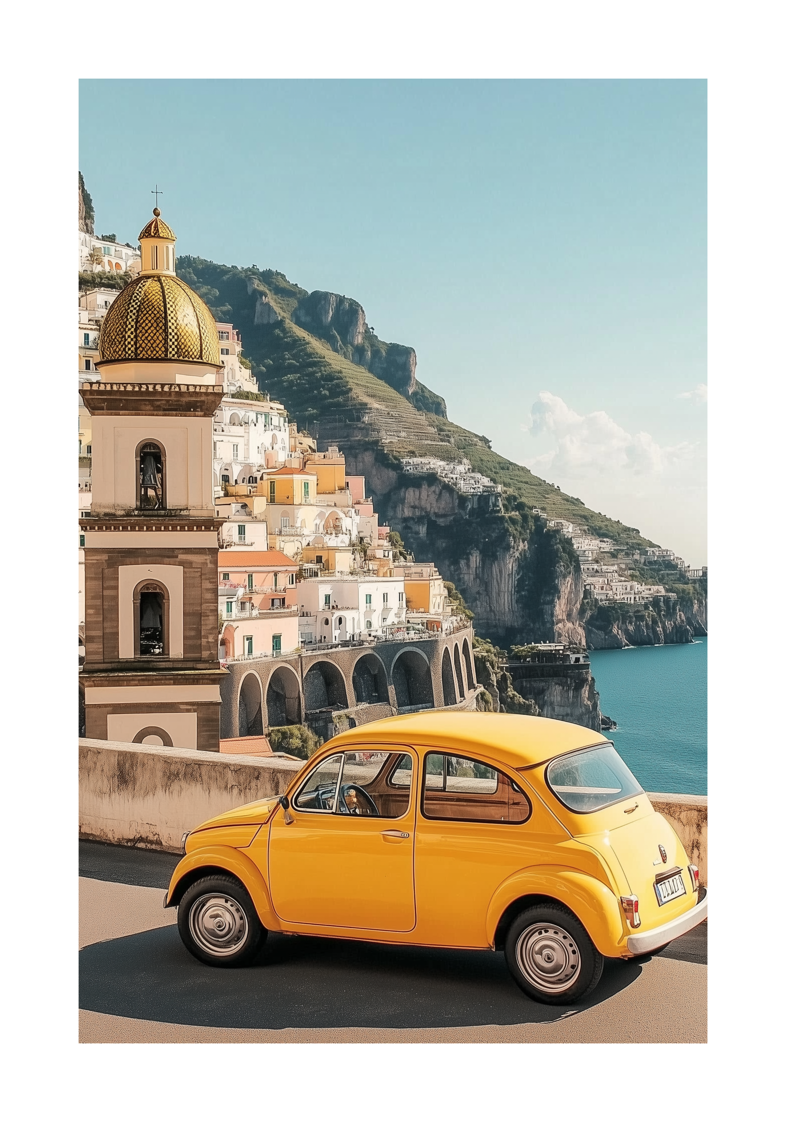 Amalfi Coast Car Poster – modern konst och stilren konsttryck för hemmet hos Bozetto