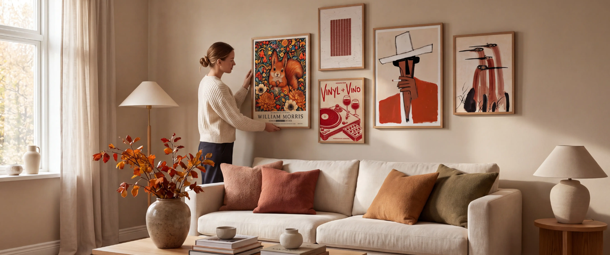 Frau, die ein Poster mit einer schwarzen Katze neben einem hellen Wohnzimmer mit gerahmten Postern an die Wand stellt