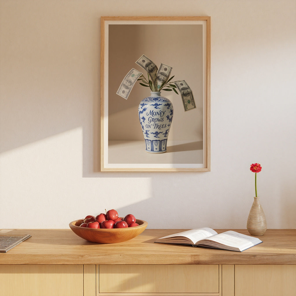 Money Grows Poster i ram på vägg i inrett rum