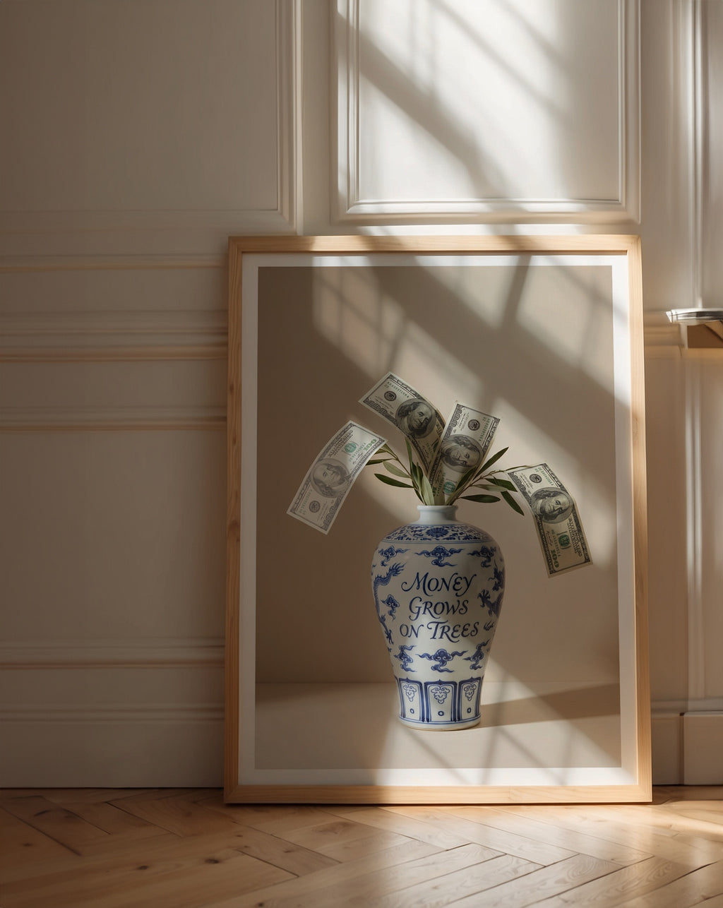 Money Grows Poster inramad i ljust rum