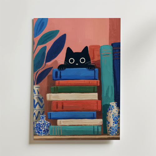 Curious Book Cat – stilfullt konsttryck från Bozetto, tryckt på matt finpapper i hög tryckkvalitet