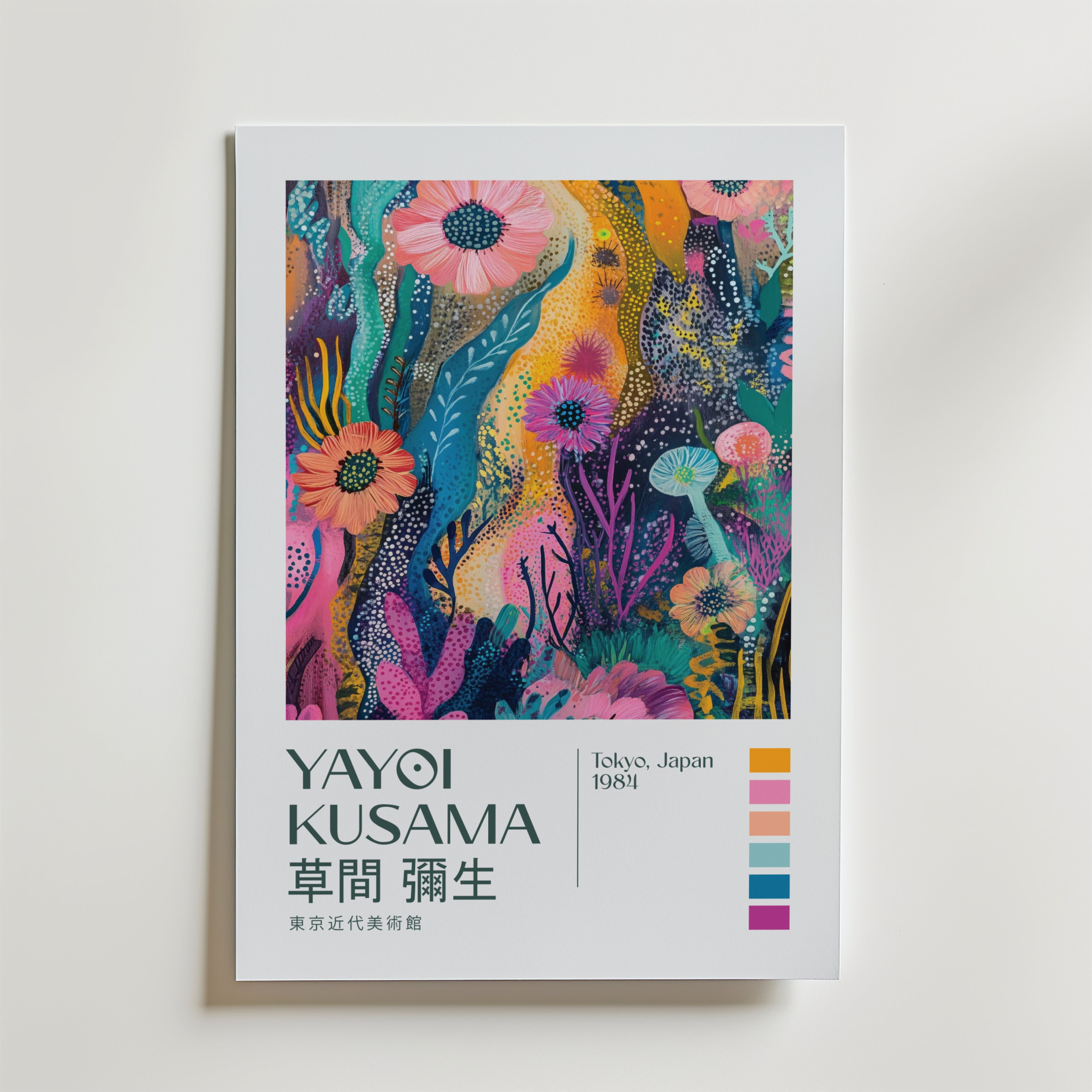 Mockup av Yayoi Kusama Floral Current affisch på vägg – köp enkelt hos Bozetto i hög kvalitet
