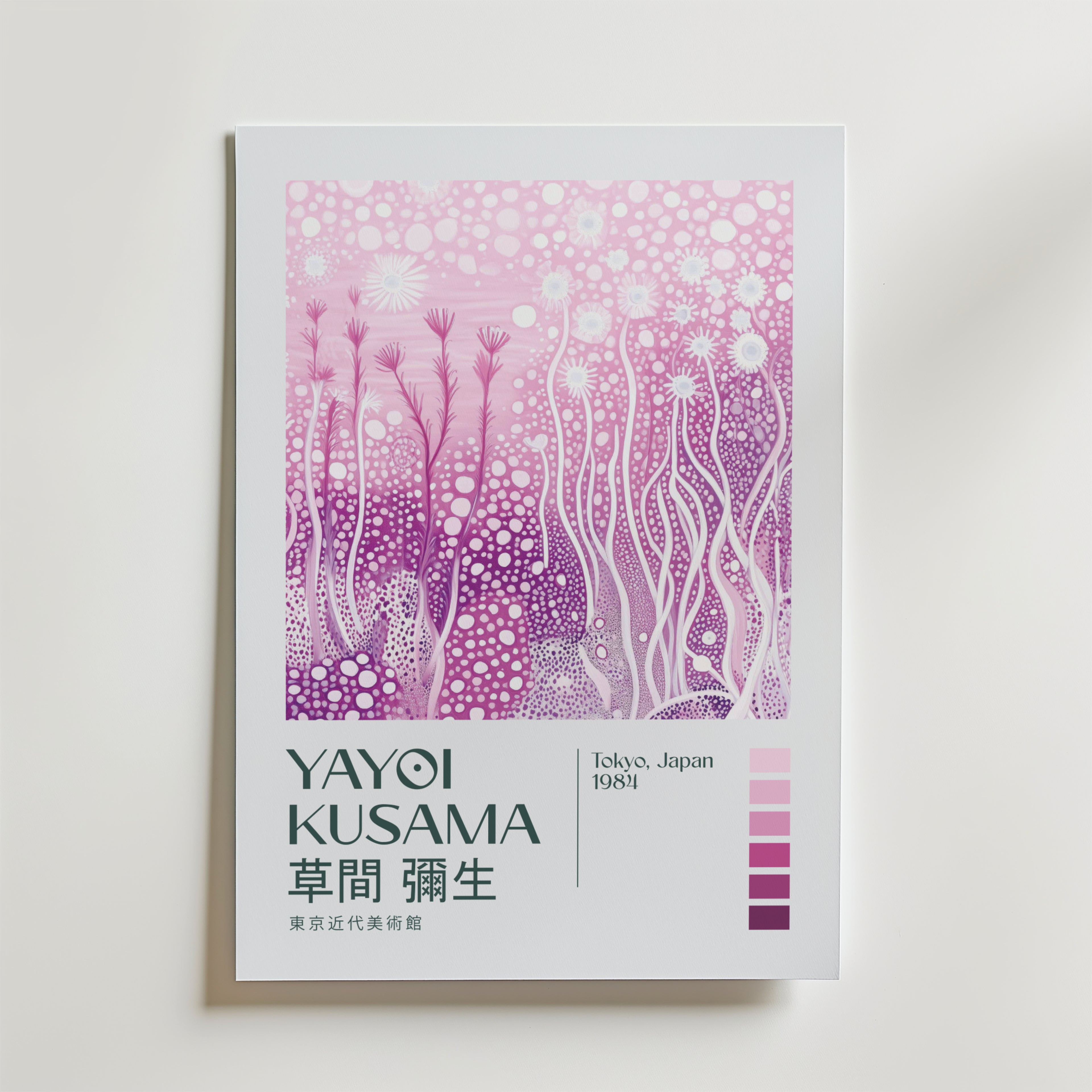 Mockup av Yayoi Kusama Pink Infinity affisch på vägg – köp enkelt hos Bozetto i hög kvalitet