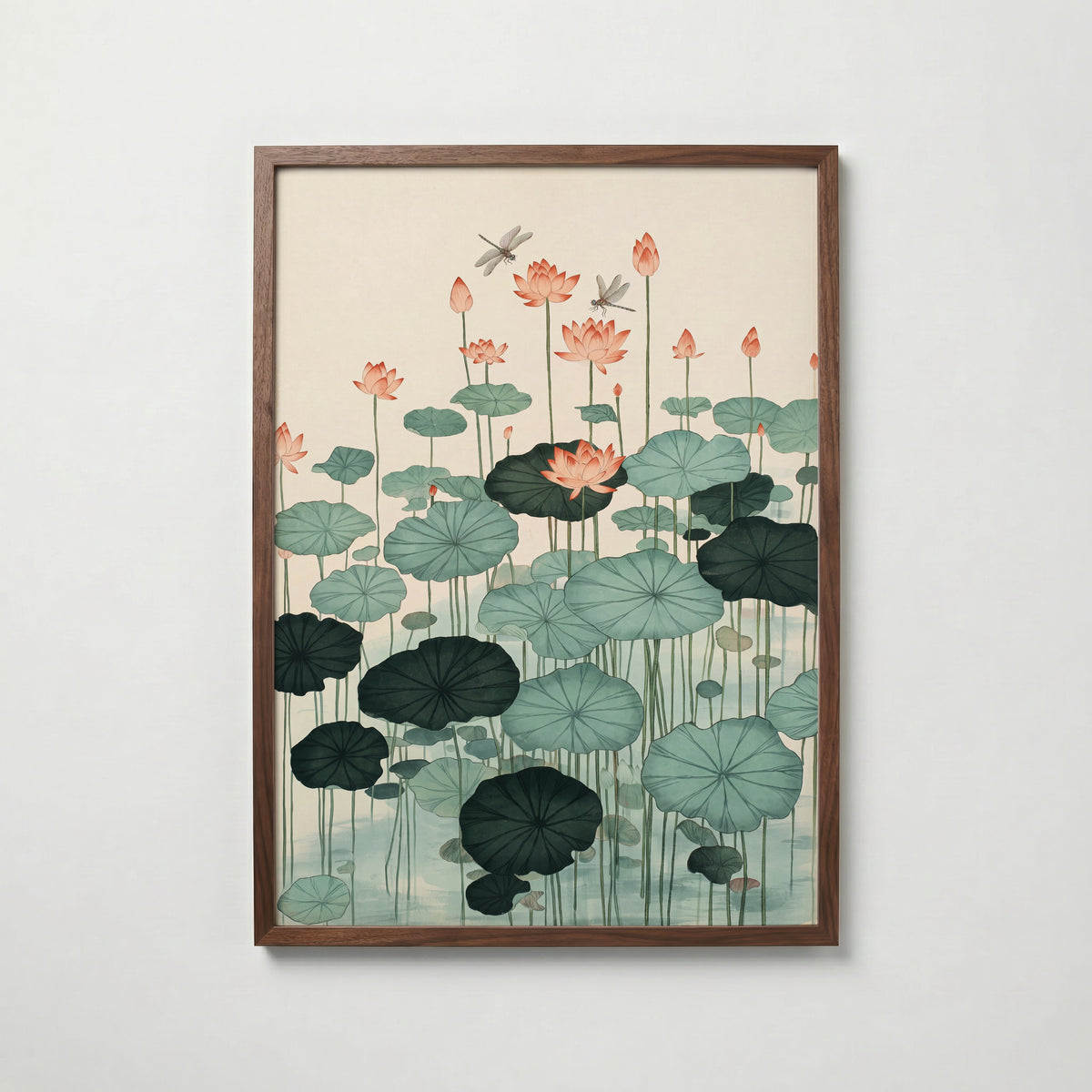 Lotus Pond Poster, lotusdamm i akvarell i valnötsram, fri frakt över 499 kr hos Bozetto