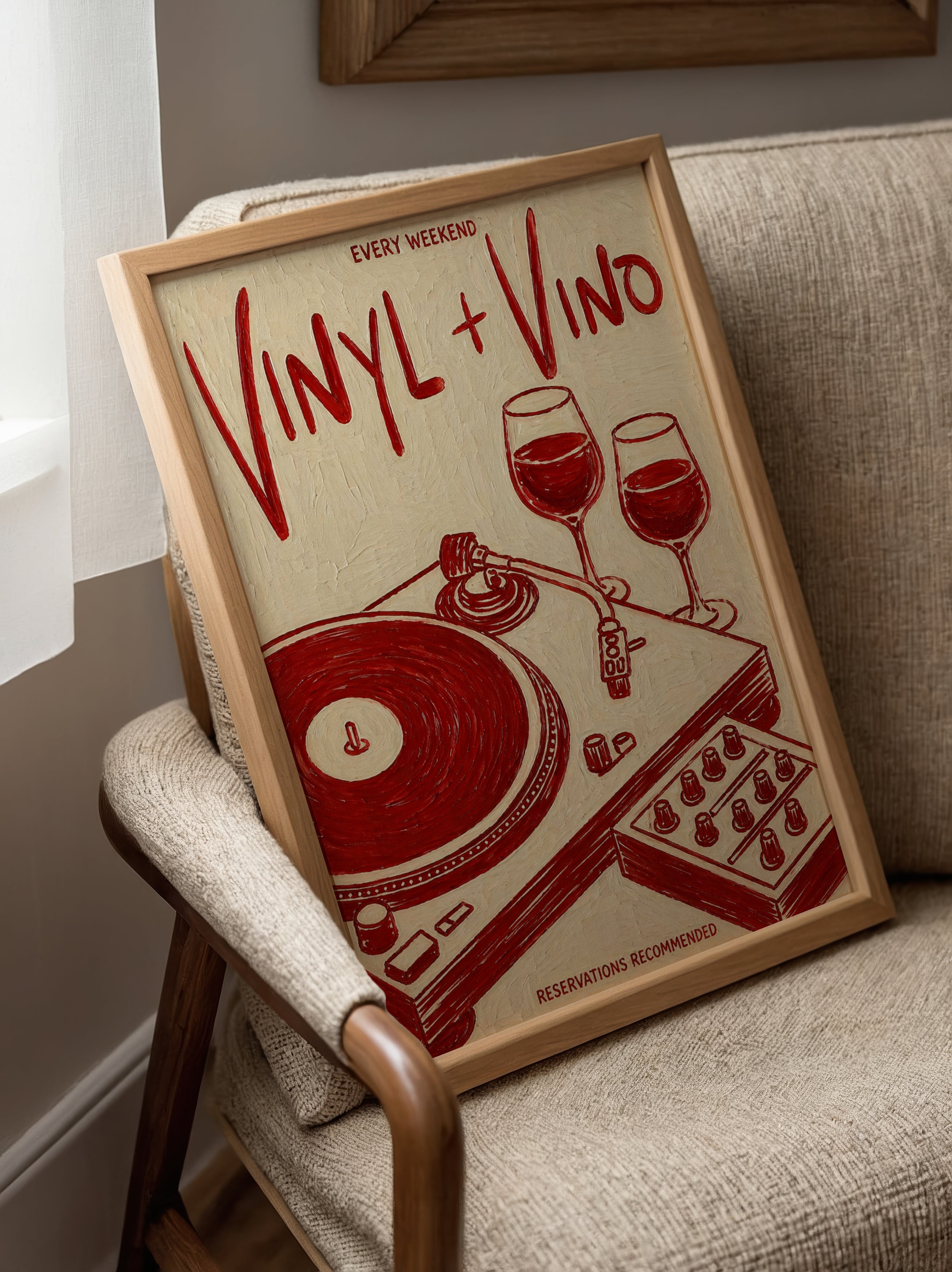 Vinyl & Vino affisch i minimalistiskt sovrum – köp enkelt hos Bozetto i hög kvalitet