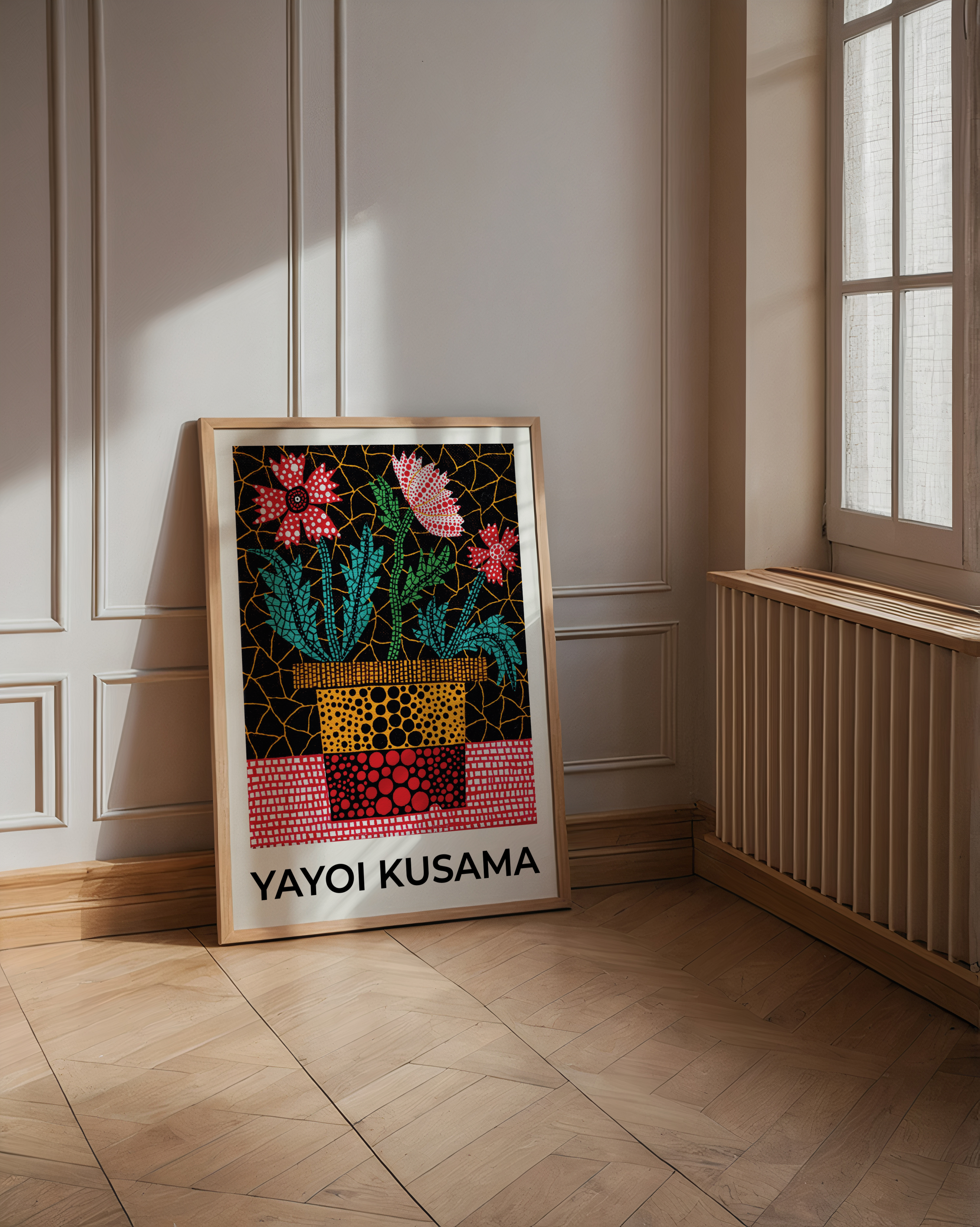 Mockup av Yayoi Kusama Garden Rhythm affisch på vägg – köp enkelt hos Bozetto i hög kvalitet