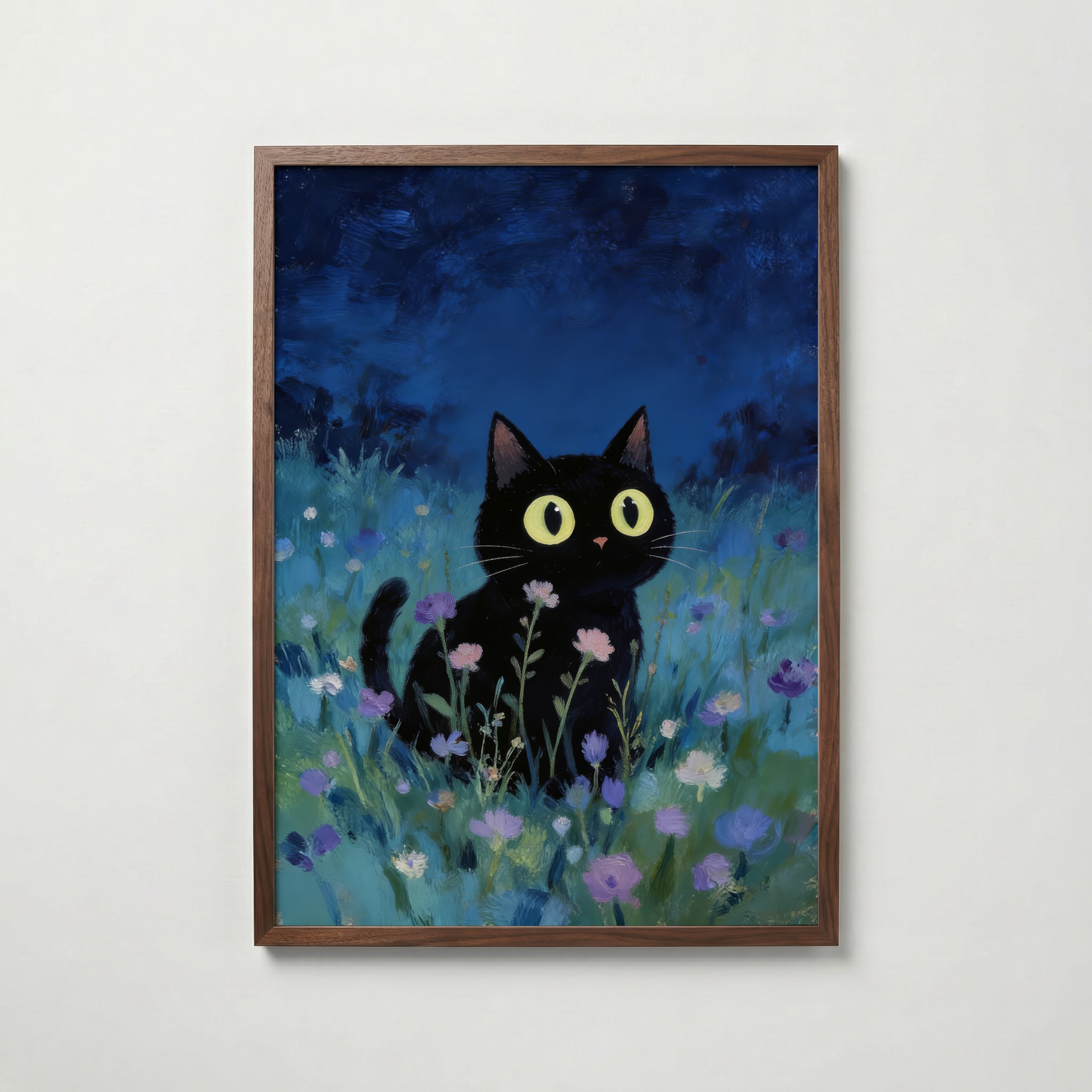 Blue Hour Cat konsttryck på vit bakgrund – elegant Bozetto affisch för hemmet i hög tryckkvalitet