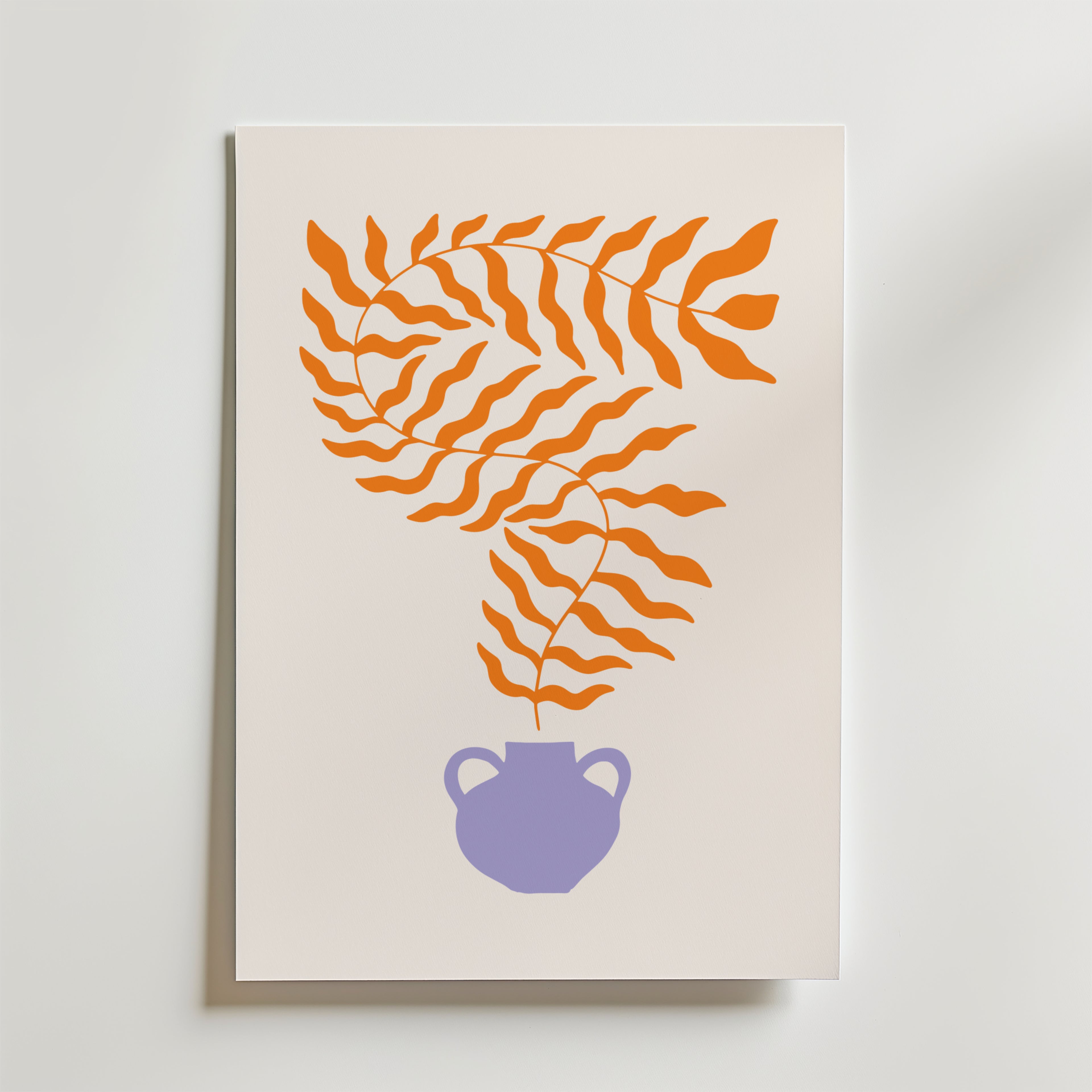 Orange Leaves in Purple Vase – stilfullt konsttryck från Bozetto, tryckt på matt finpapper