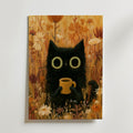 Cat in Orange Meadow Poster – svart katt med kaffekopp i höstäng på canvas, tryckt i Sverige