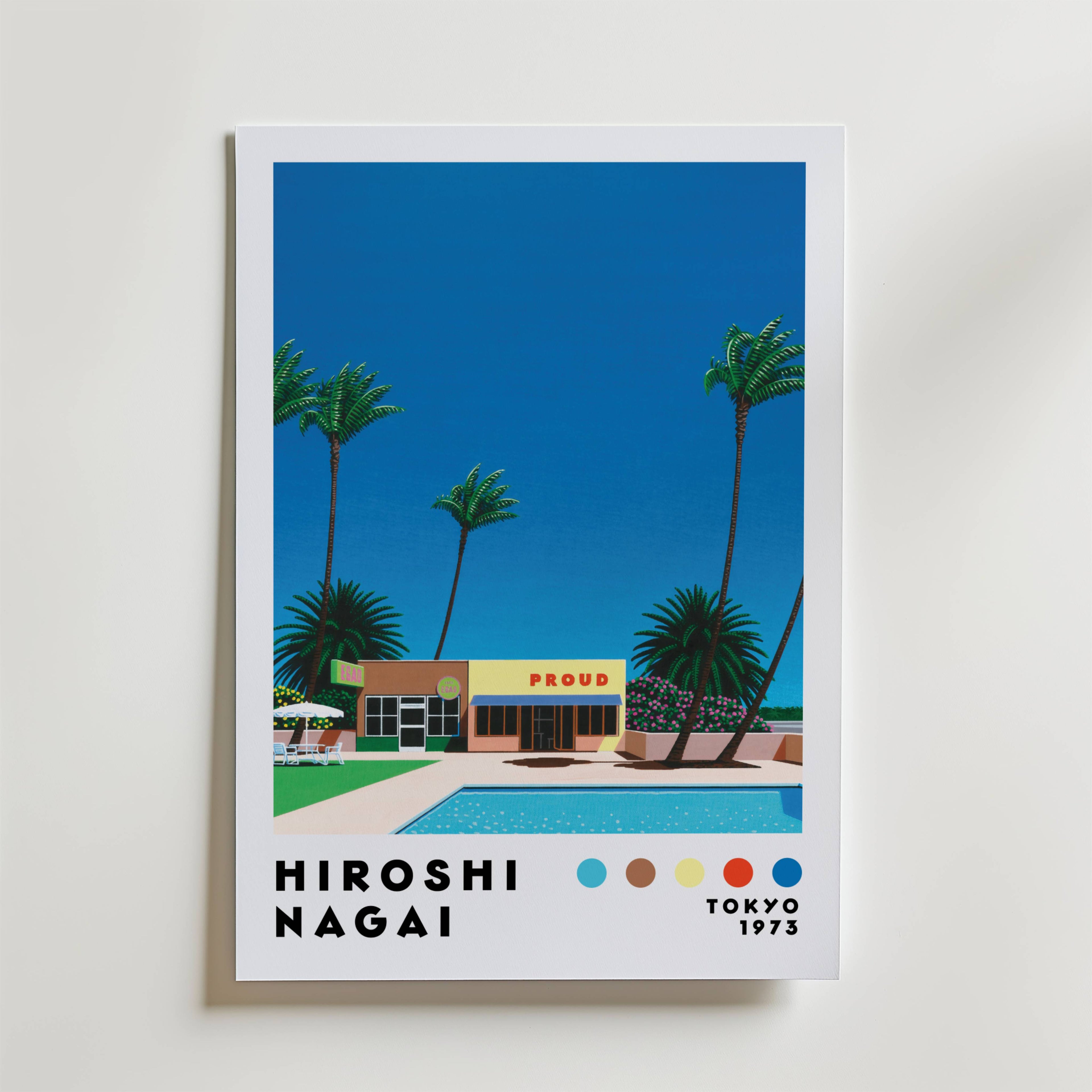 Mockup av Hiroshi Nagai Poolside Cafe affisch på vägg – köp enkelt hos Bozetto i hög kvalitet
