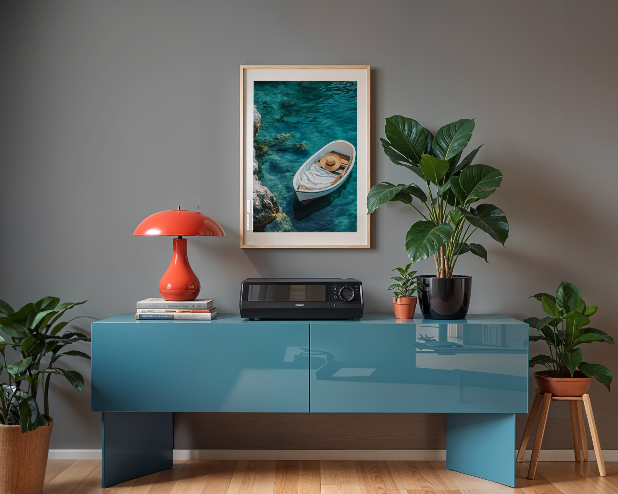 Mockup av Somewhere to Float affisch på vägg – köp enkelt hos Bozetto i hög kvalitet