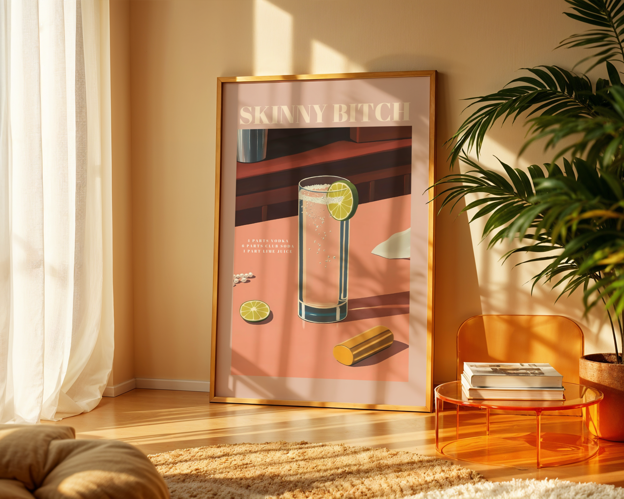 Mockup av Skinny Bitch Cocktail affisch på vägg – köp enkelt hos Bozetto i hög kvalitet