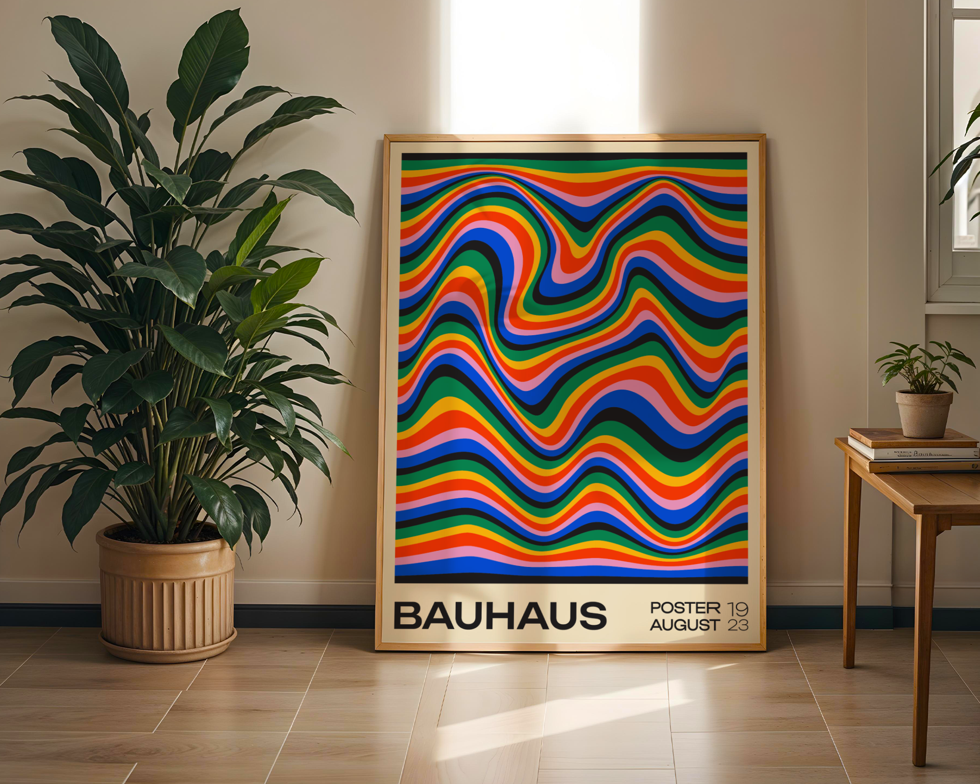 Väggmockup av Bauhaus Waves affisch på ljus tegelvägg – Bozetto konsttryck i hög tryckkvalitet