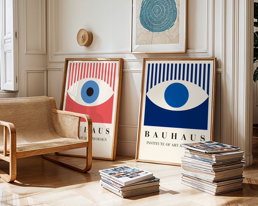Mockup av Bauhaus Eye Design affisch på vägg – köp enkelt hos Bozetto i hög kvalitet