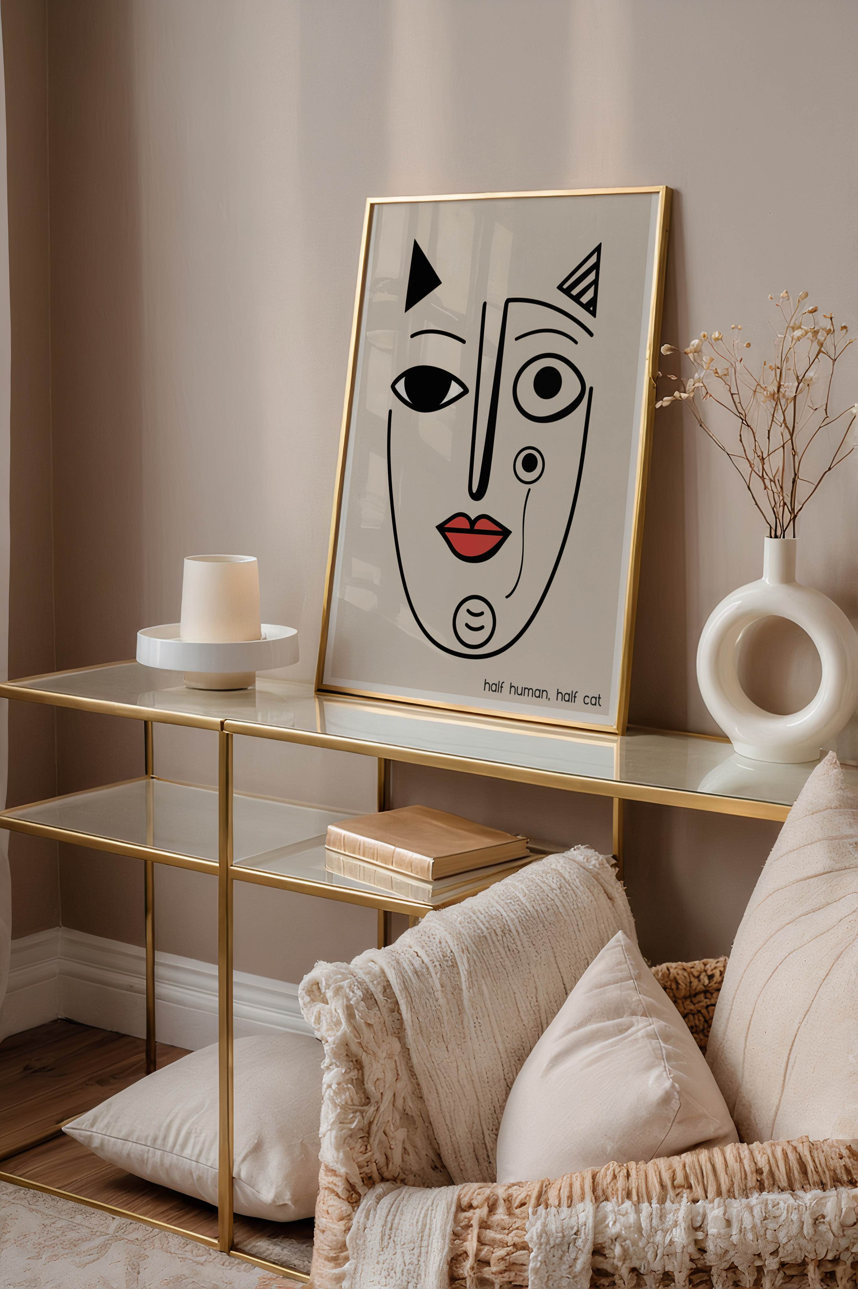 Half Human Half Cat poster mockup på vägg – inramad konstaffisch i interiör från Bozetto