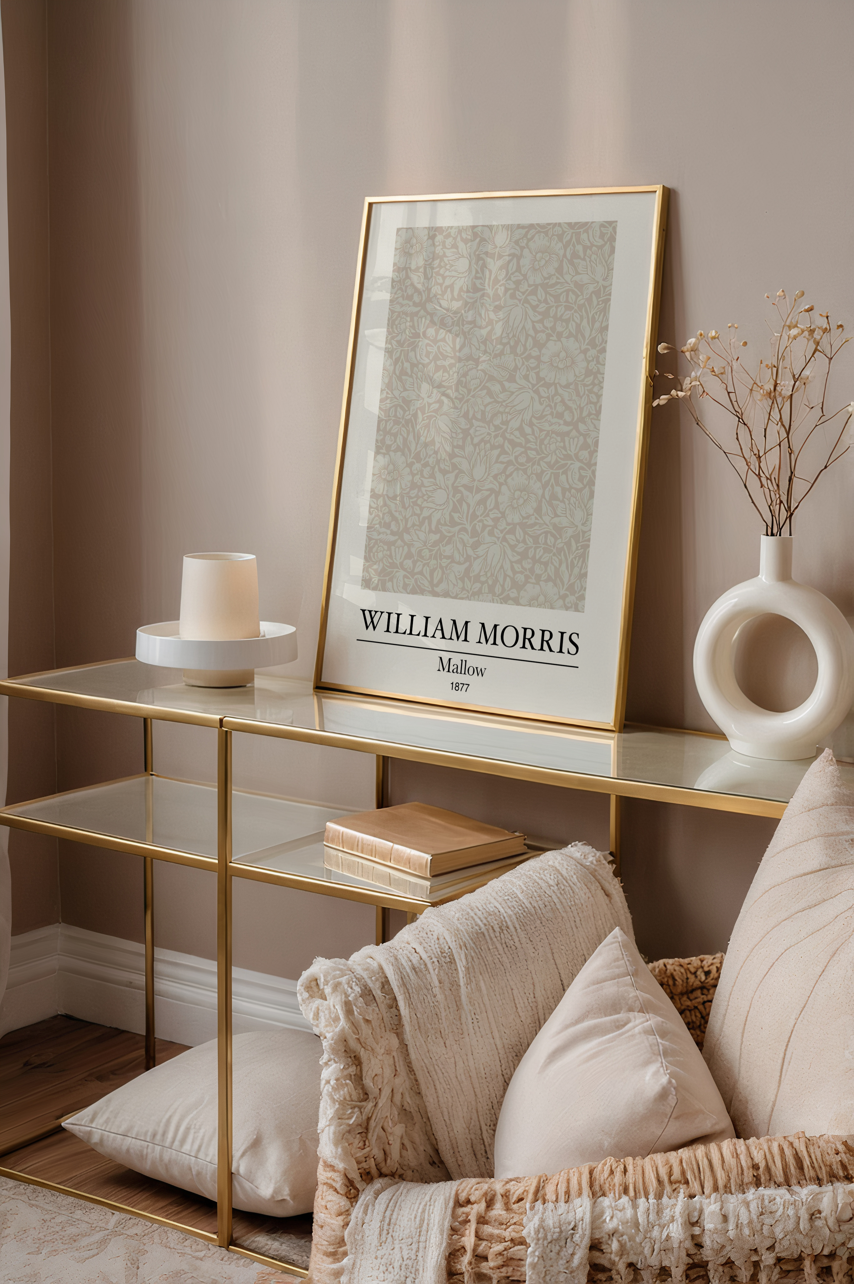 Mockup av William Morris Mallow affisch på vägg – köp enkelt hos Bozetto i hög kvalitet