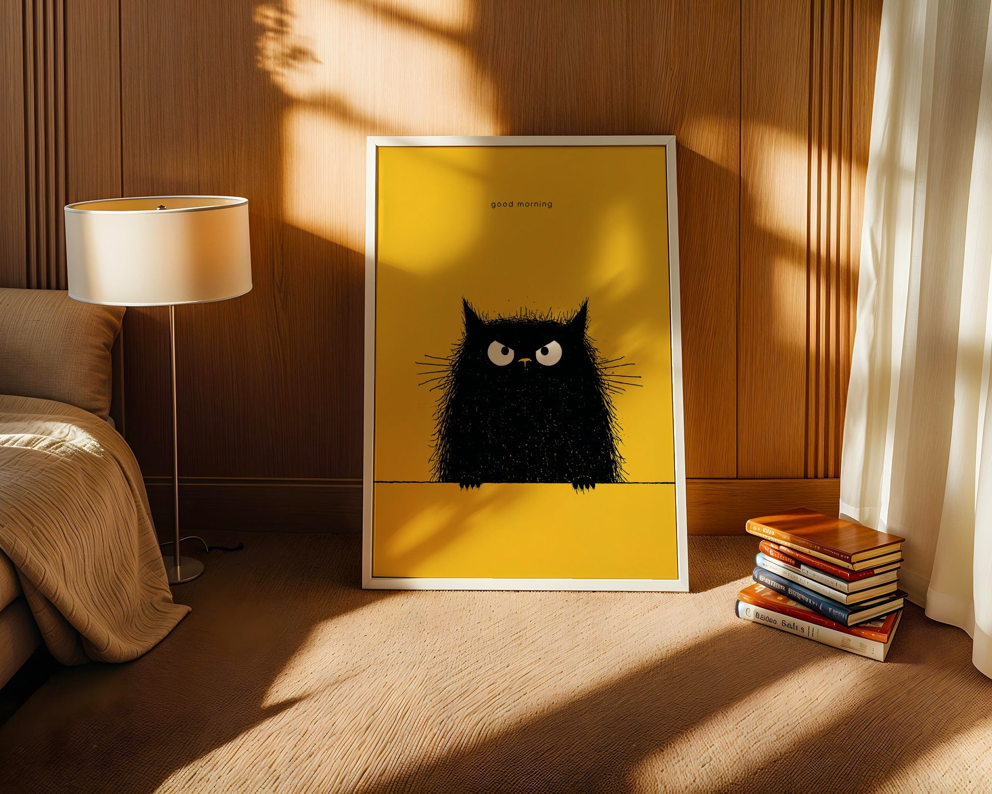 Good Morning Poster – lurvig svart katt på gul bakgrund på vägg i inrett rum, fri frakt över 499 kr