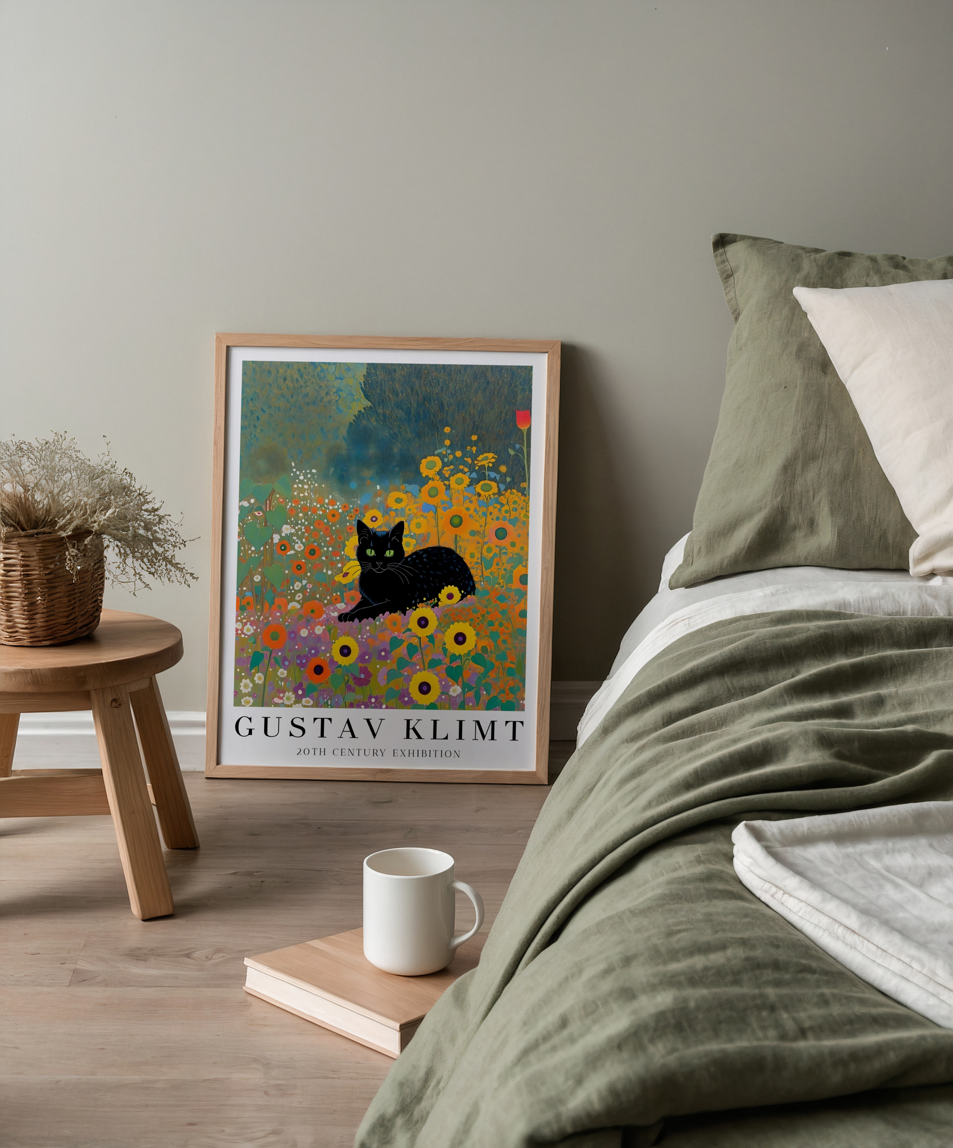 Mockup av Gustav Klimt Garden Cat affisch på vägg – köp enkelt hos Bozetto i hög kvalitet