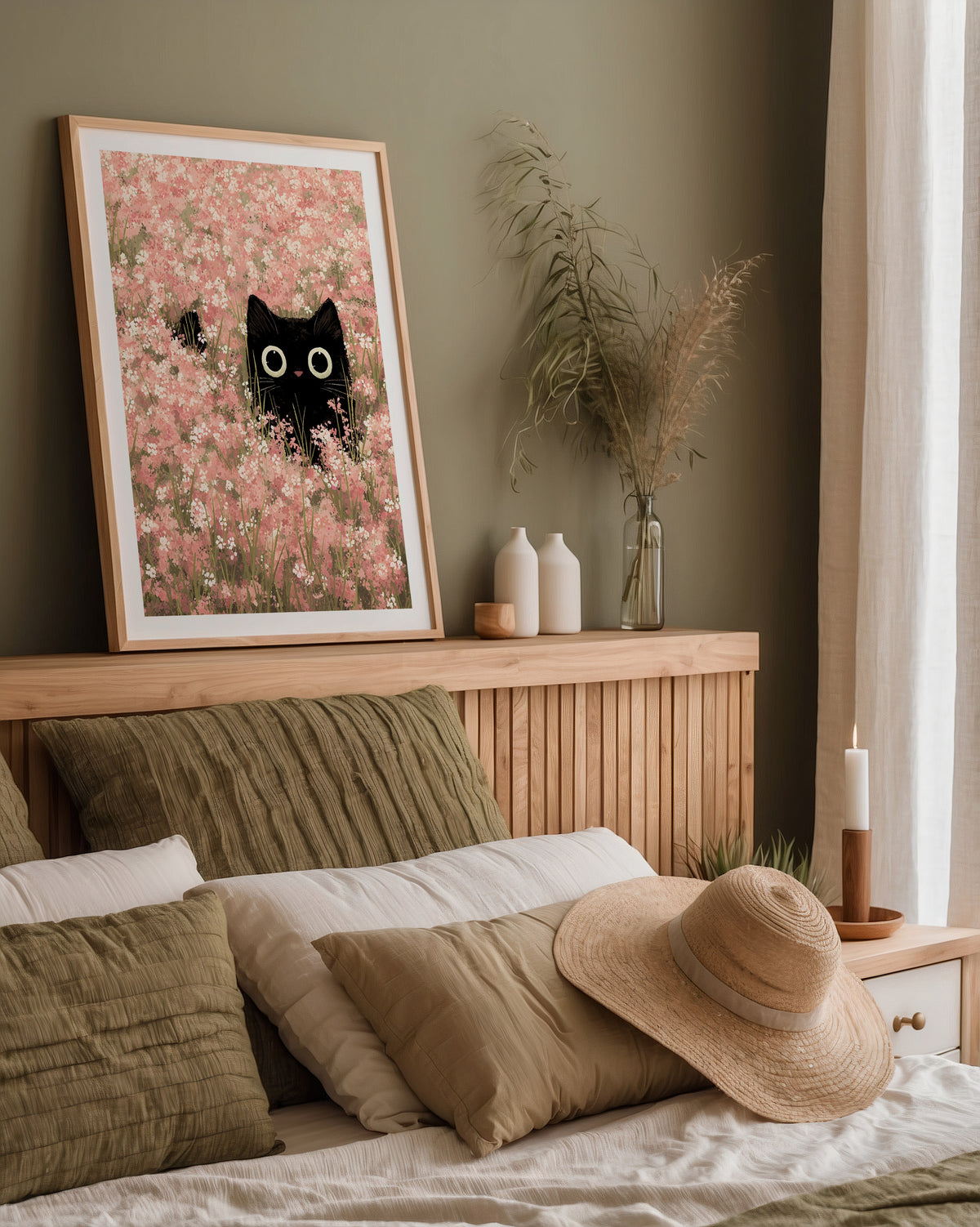 Hidden Blossom Cat affisch med passepartout i ekram i bohemiskt sovrum - Bozetto konsttryck
