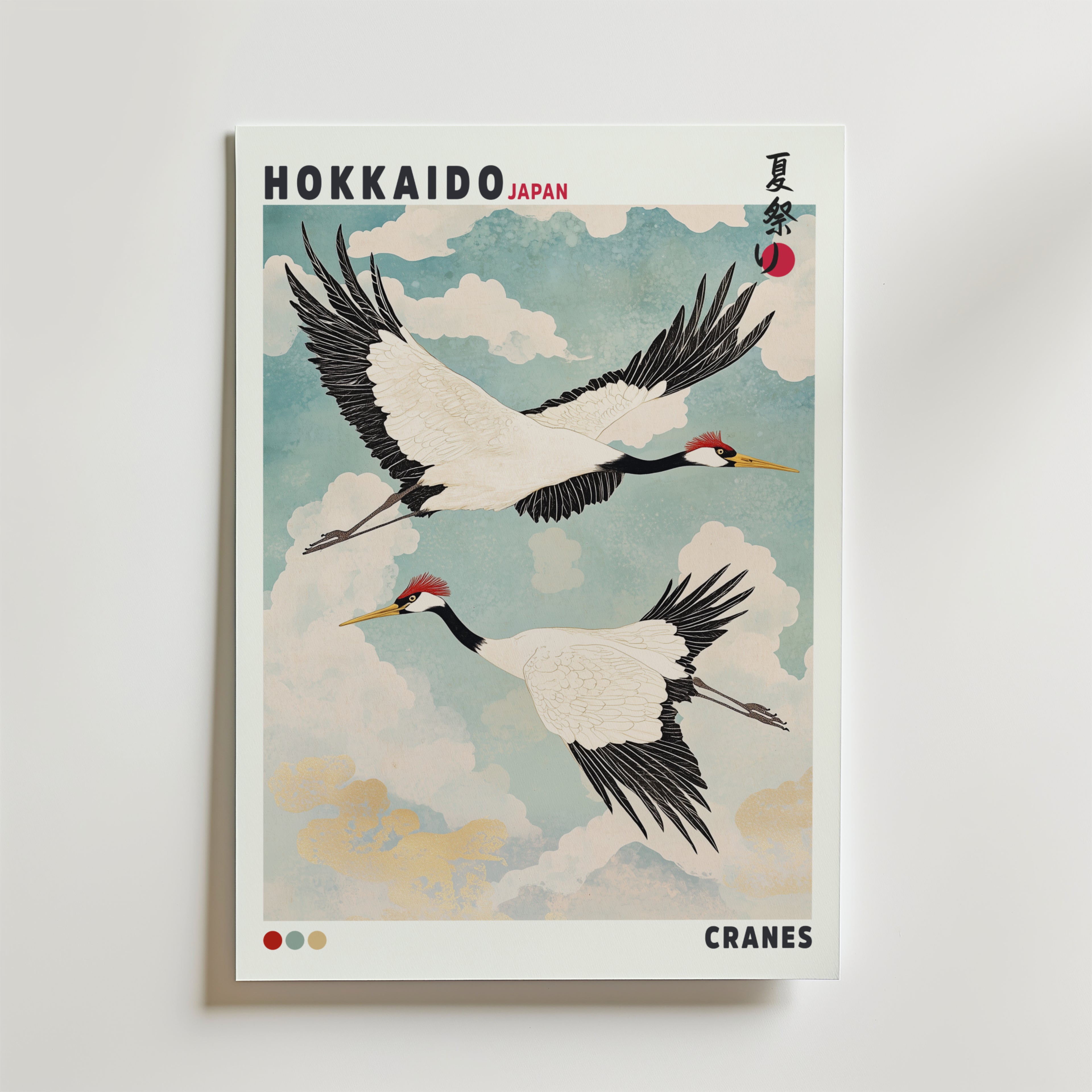 Hokkaido Cranes – stilfullt konsttryck från Bozetto, tryckt på matt finpapper i hög tryckkvalitet