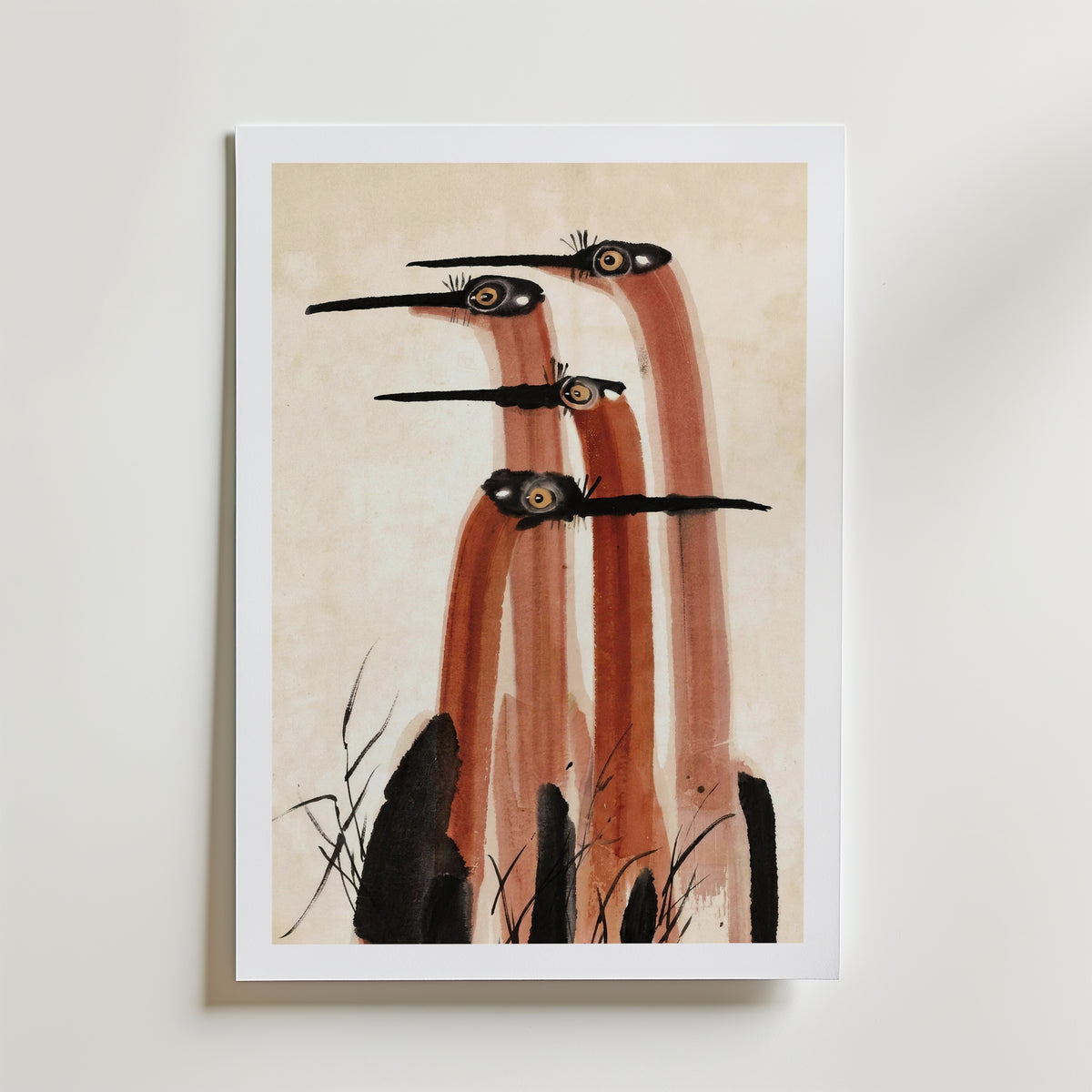 Ink Cranes Terracotta Poster med passepartout