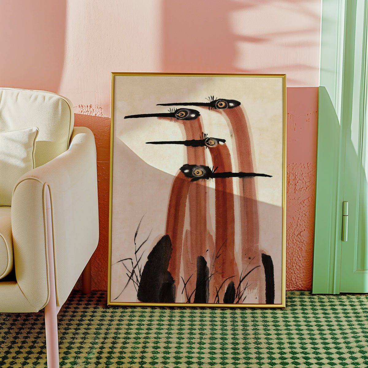 Ink Cranes Terracotta Poster i rum