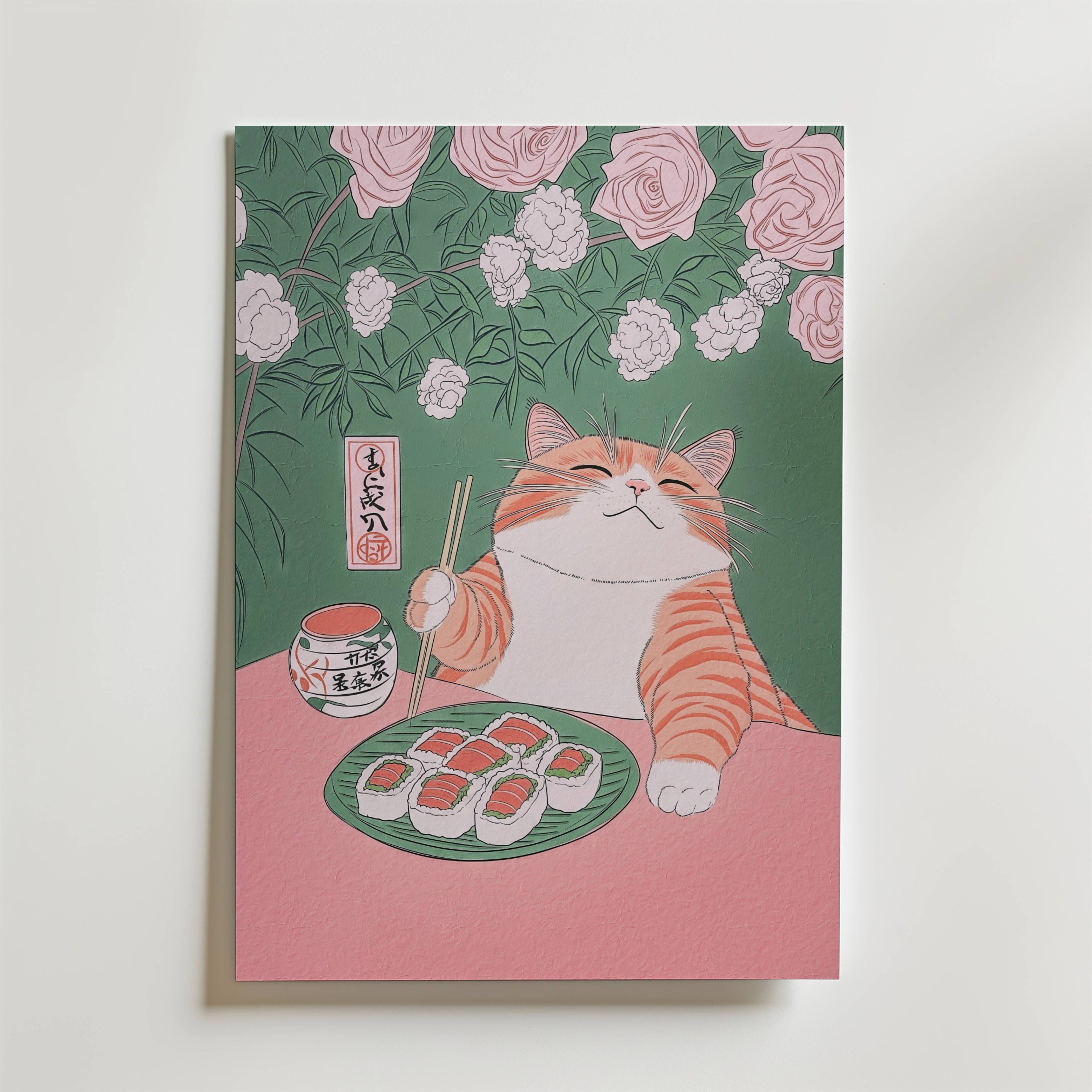 Mockup av Sushi Cat Delight affisch på vägg – köp enkelt hos Bozetto i hög kvalitet
