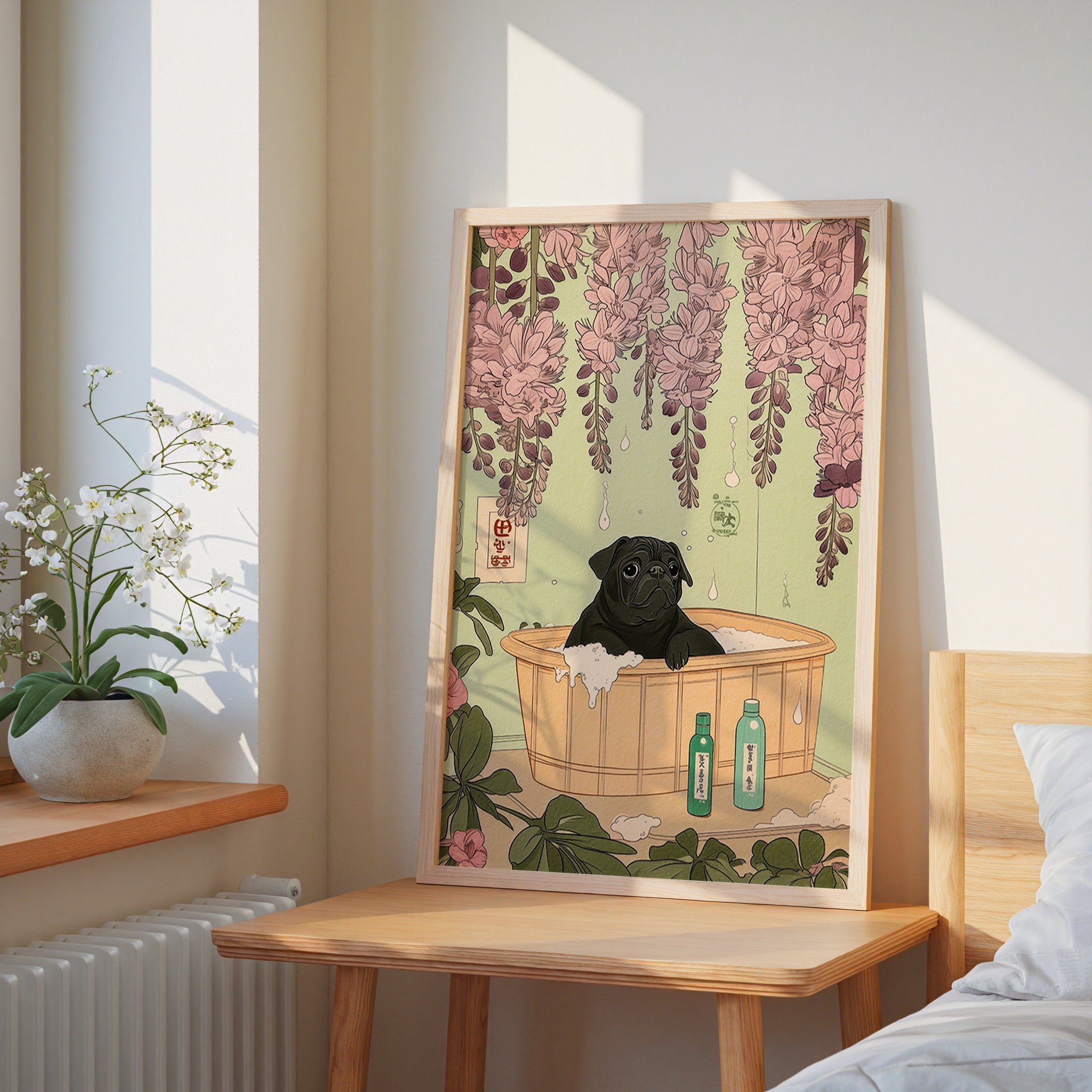 Väggmockup av Wisteria Spa Dog affisch på ljus tegelvägg – Bozetto konsttryck i hög tryckkvalitet