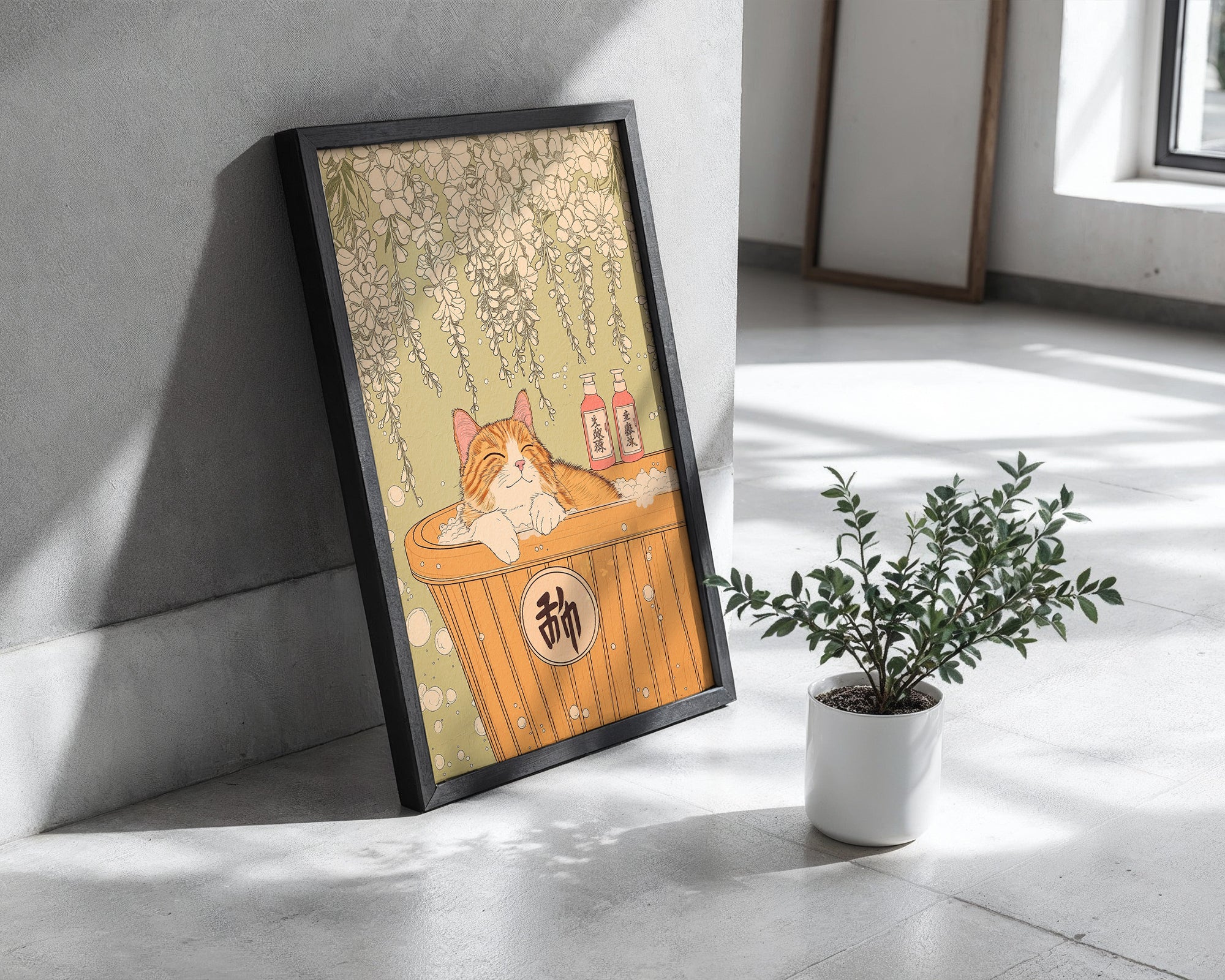 Väggmockup med Peaceful Cat Bath – köp enkelt hos Bozetto affisch i hög kvalitet