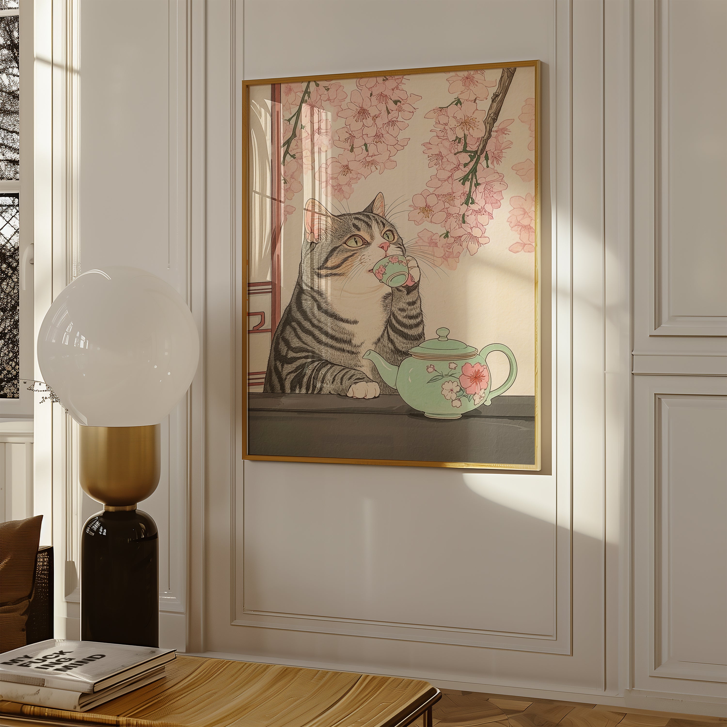 Tea Time Cat poster visualiserad på vägg – se rätt storlek med mockup från Bozetto