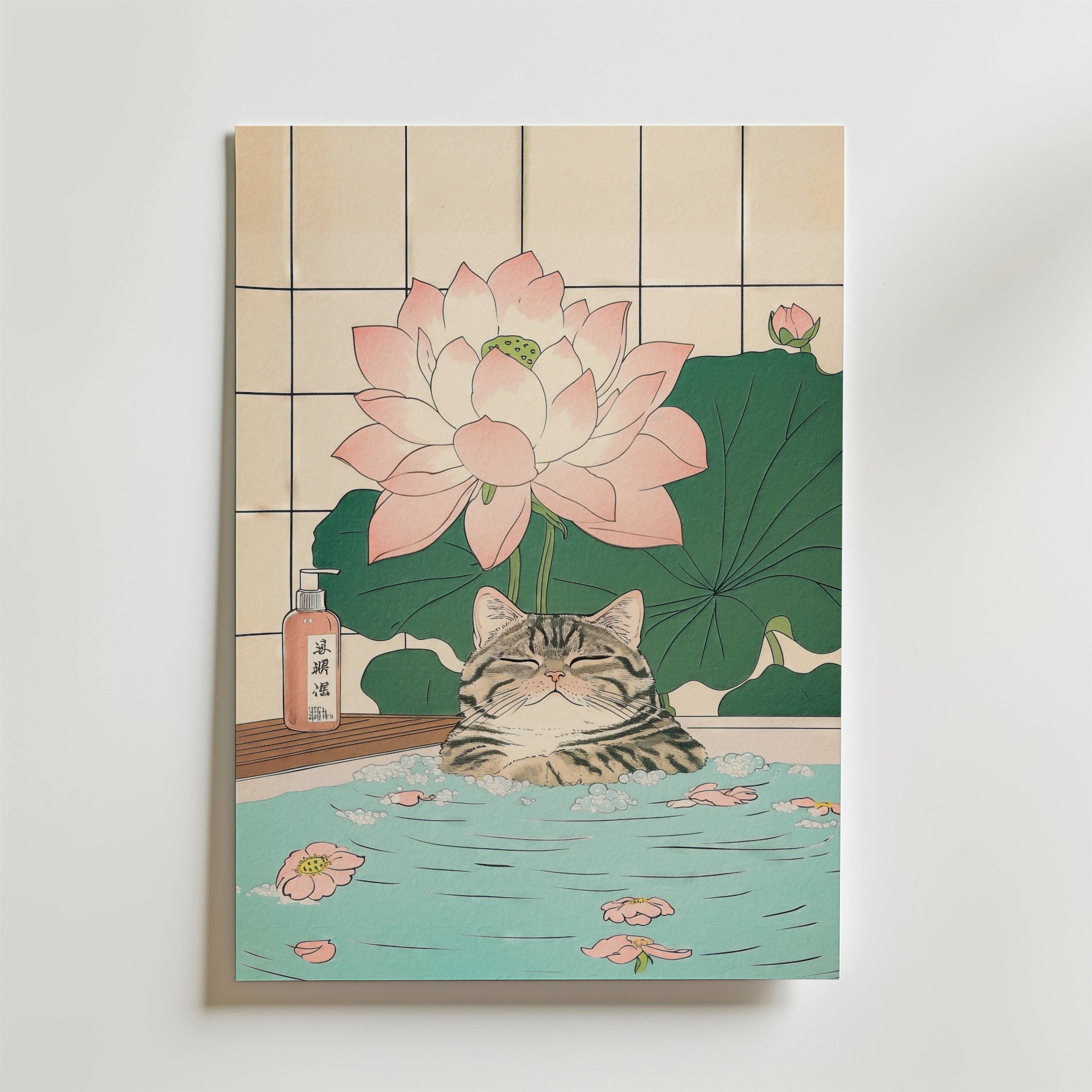 Mockup av Lotus Cat Bath affisch på vägg – köp enkelt hos Bozetto i hög kvalitet